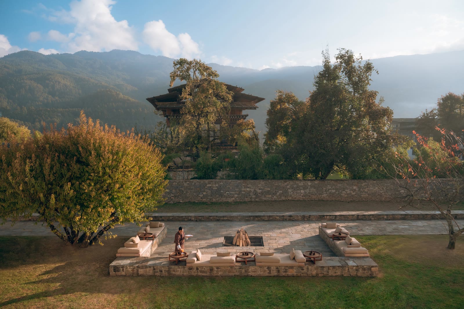 The exterior of Amankora Bumthang in the pine forest, Bhutan
