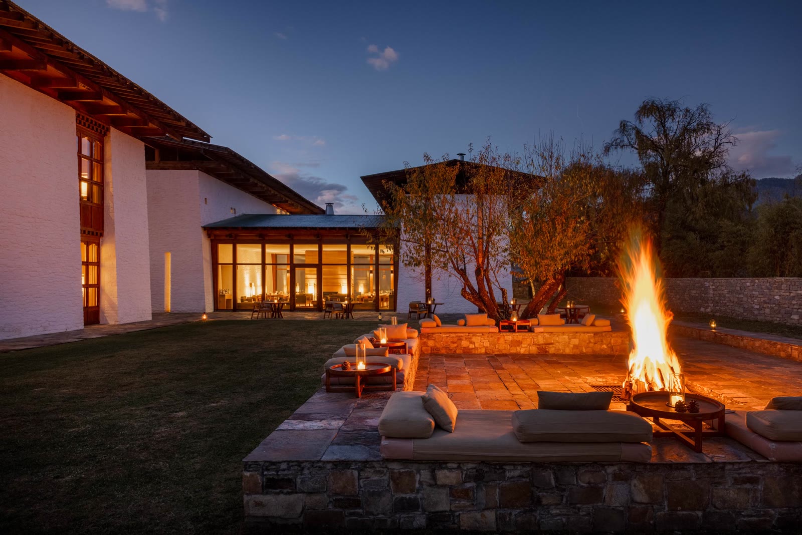 The exterior firepit lounge at Amankora Bumthang, Bhutan