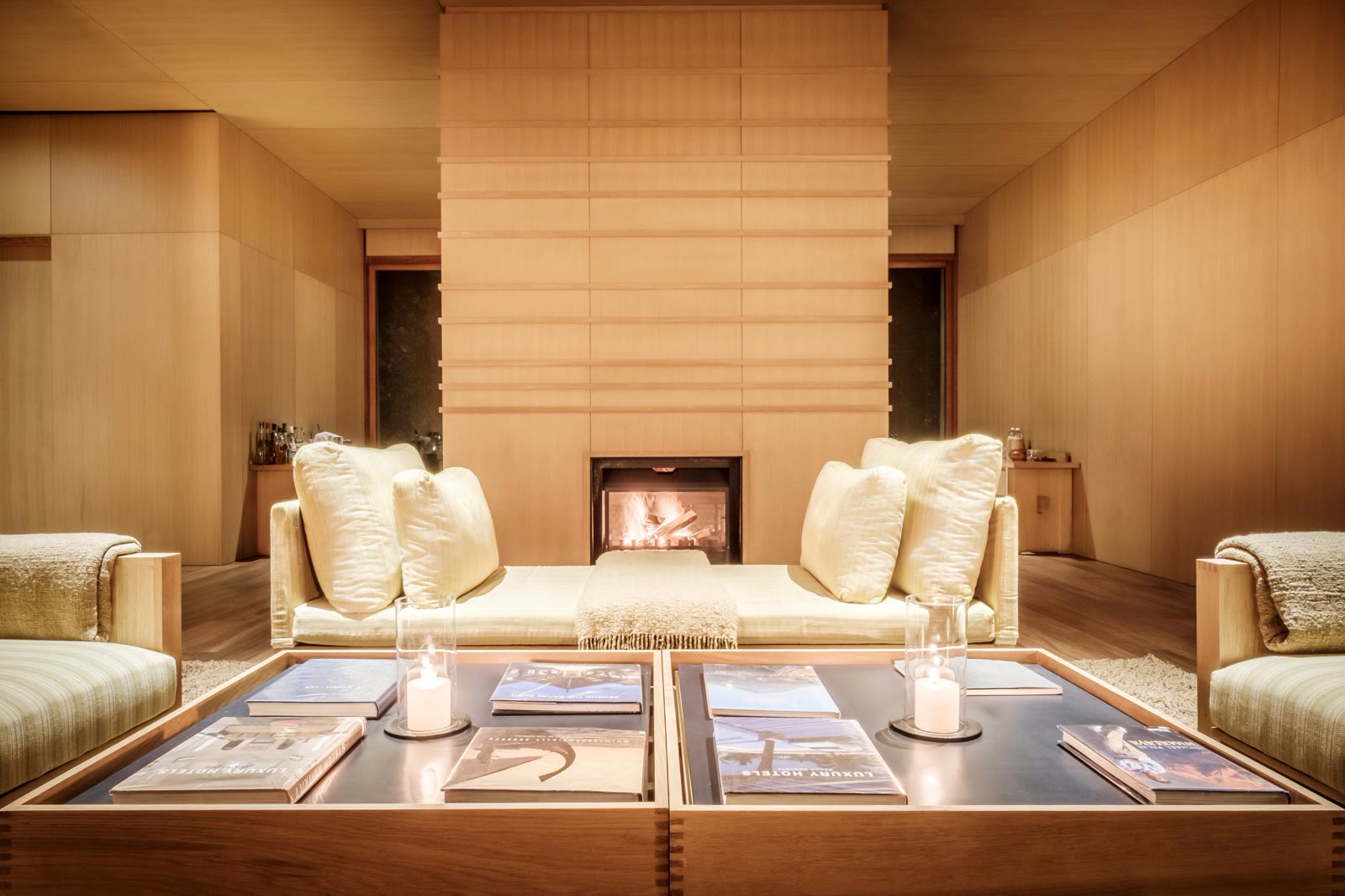The Mo Chhu One-Bedroom Suite living room and fireplace at Amankora Punakha, Bhutan
