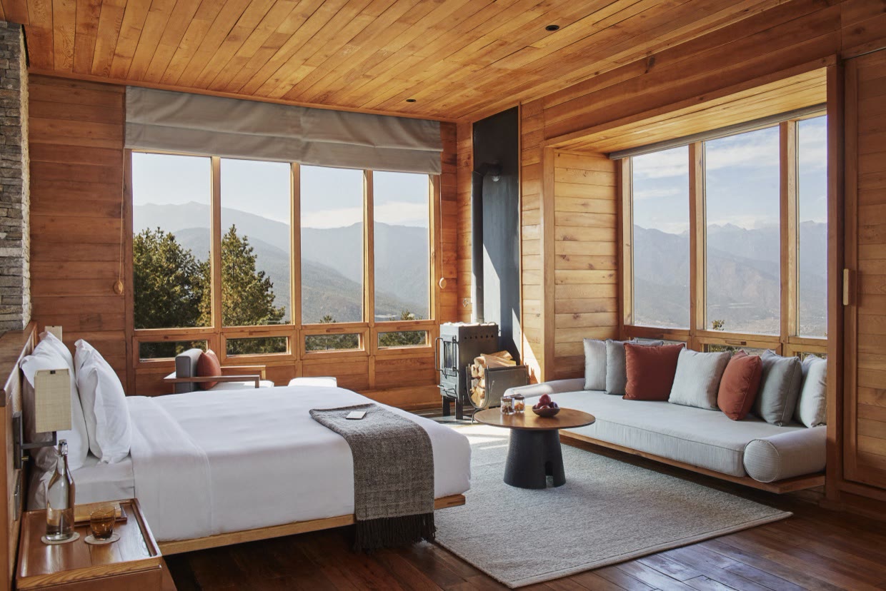 The bedroom of a Lodge Suite at Six Senses Paro, Bhutan