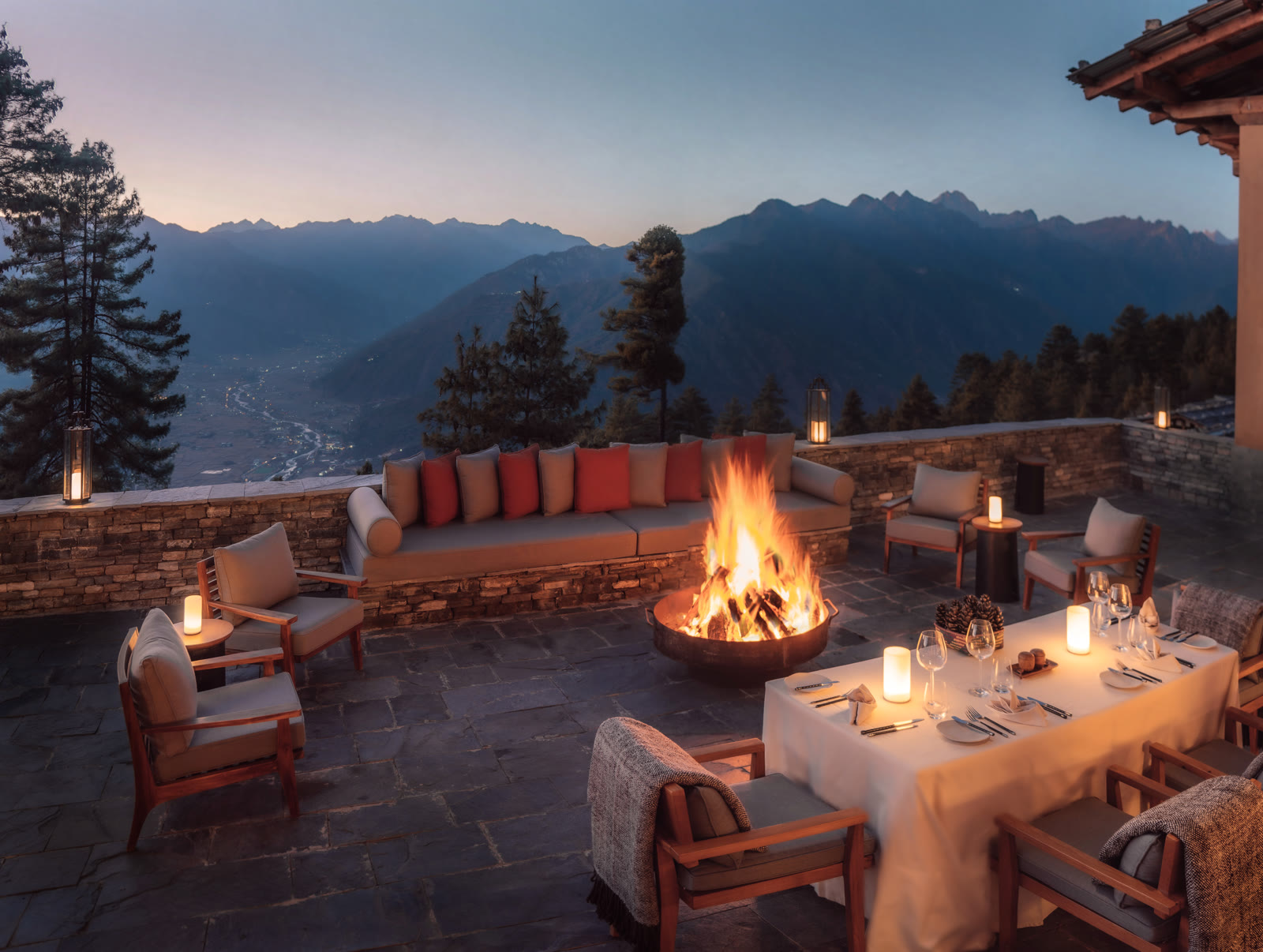 The terrace at Six Senses Paro over the valley, Bhutan