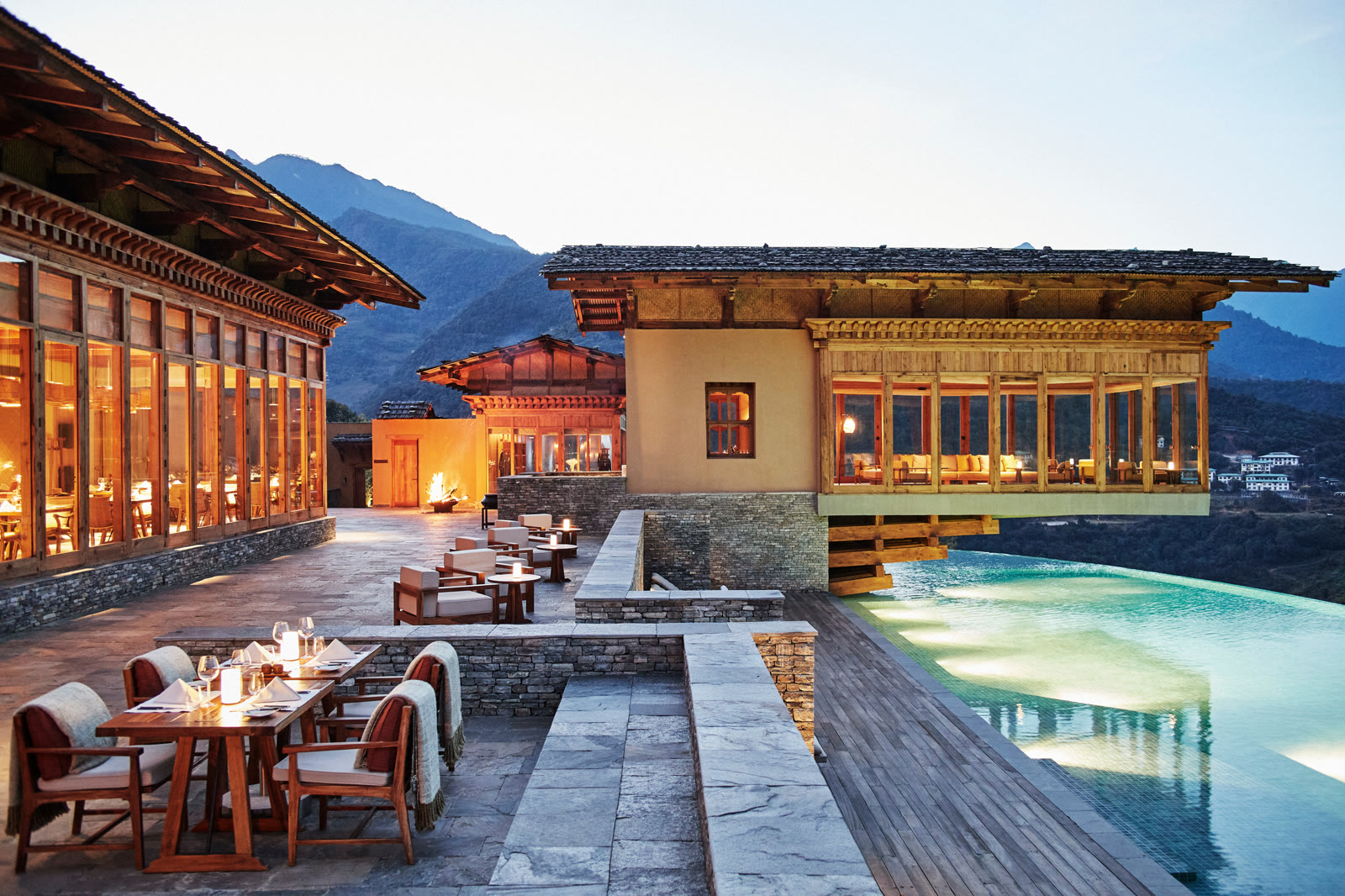 The terrace of Six Senses Punakha over the rice fields, Bhutan