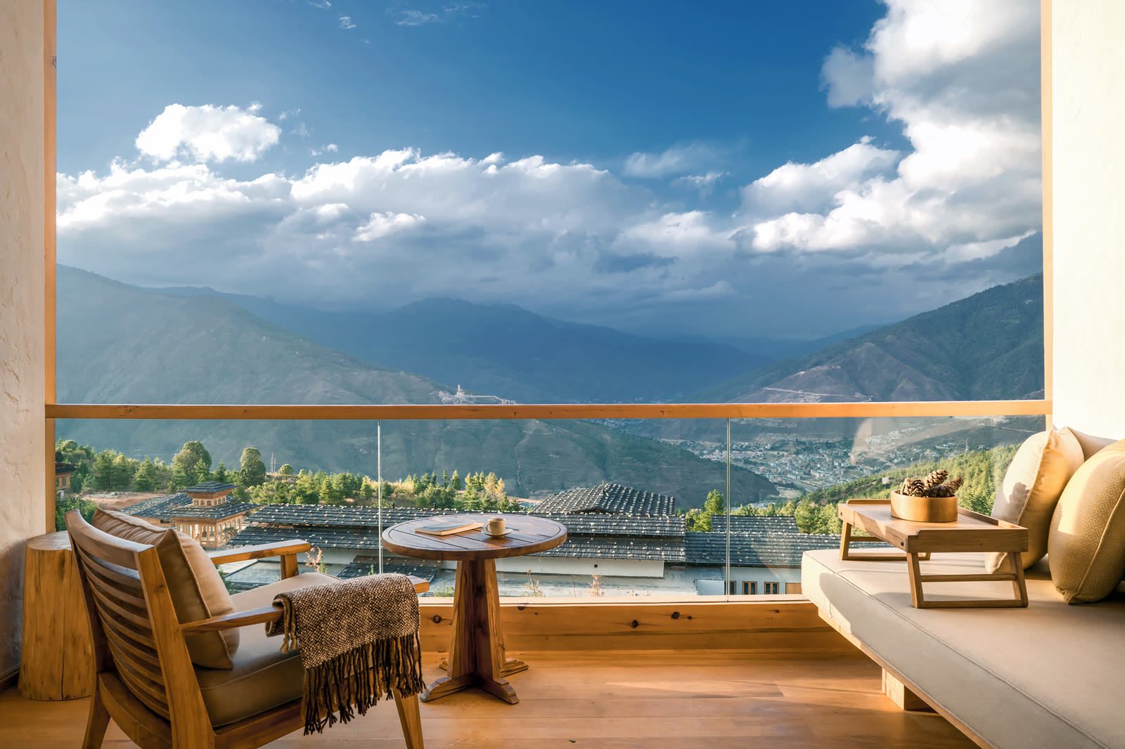 The balcony of a Lodge Suite at Six Senses Thimphu, Bhutan