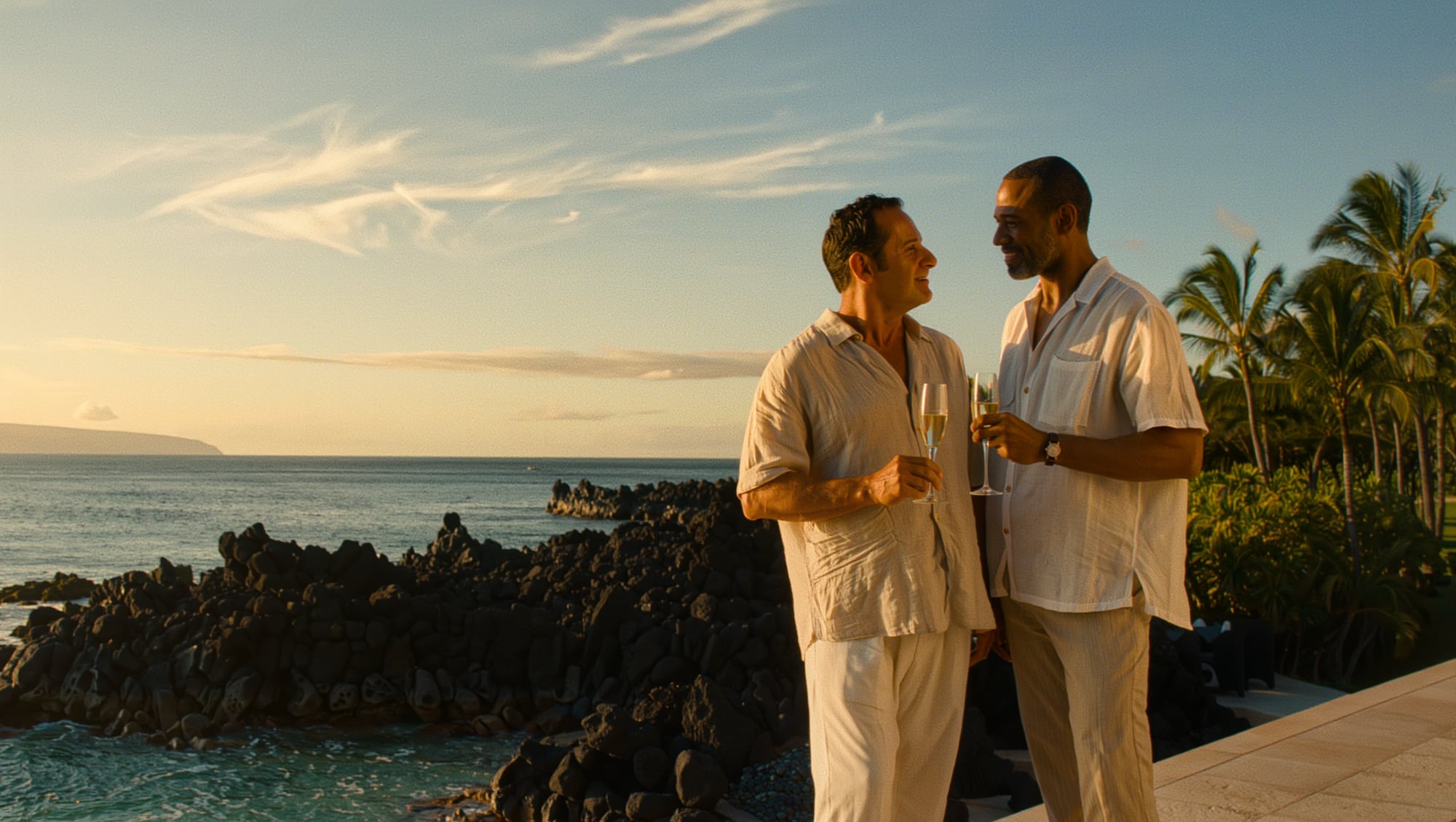 A couple on a resort terrace at sunset on the Kohala Coast