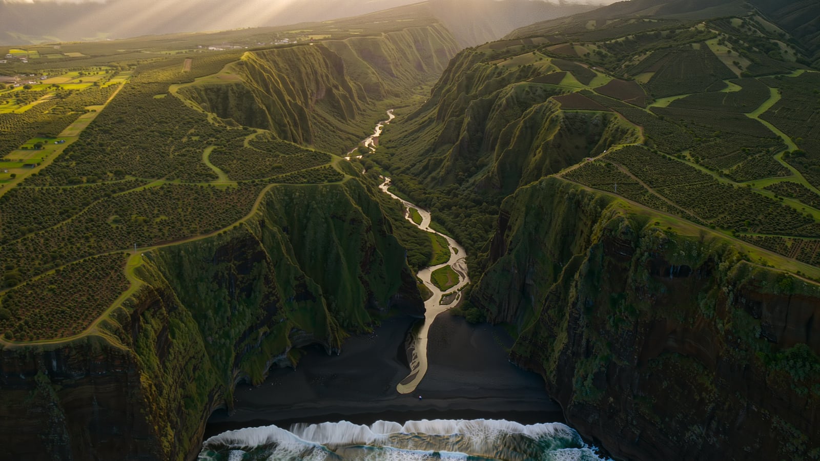 Waipio Valley, emerald cliffs above a black-sand beach