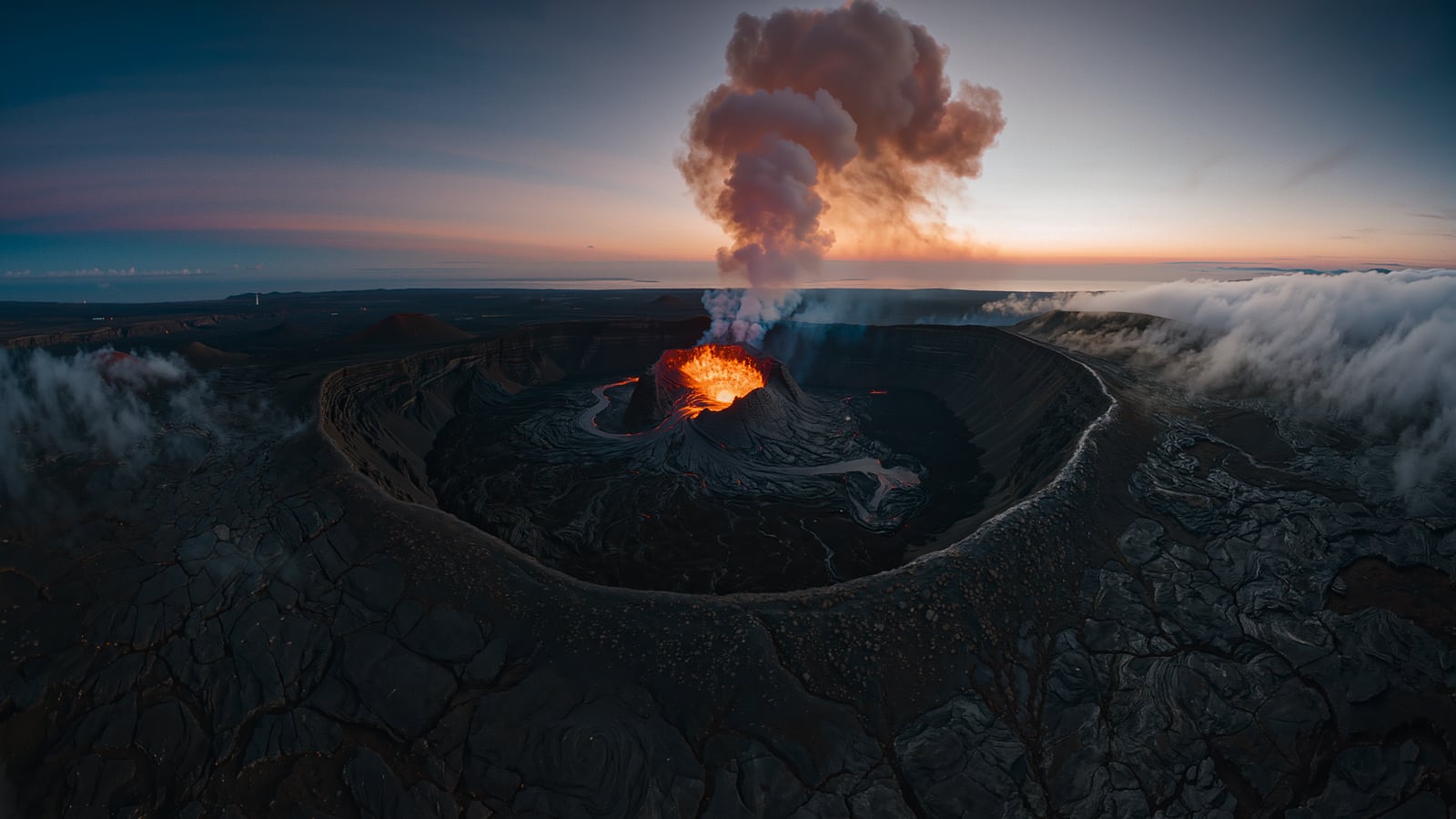 The glowing Kilauea caldera at dusk in Hawaii Volcanoes National Park