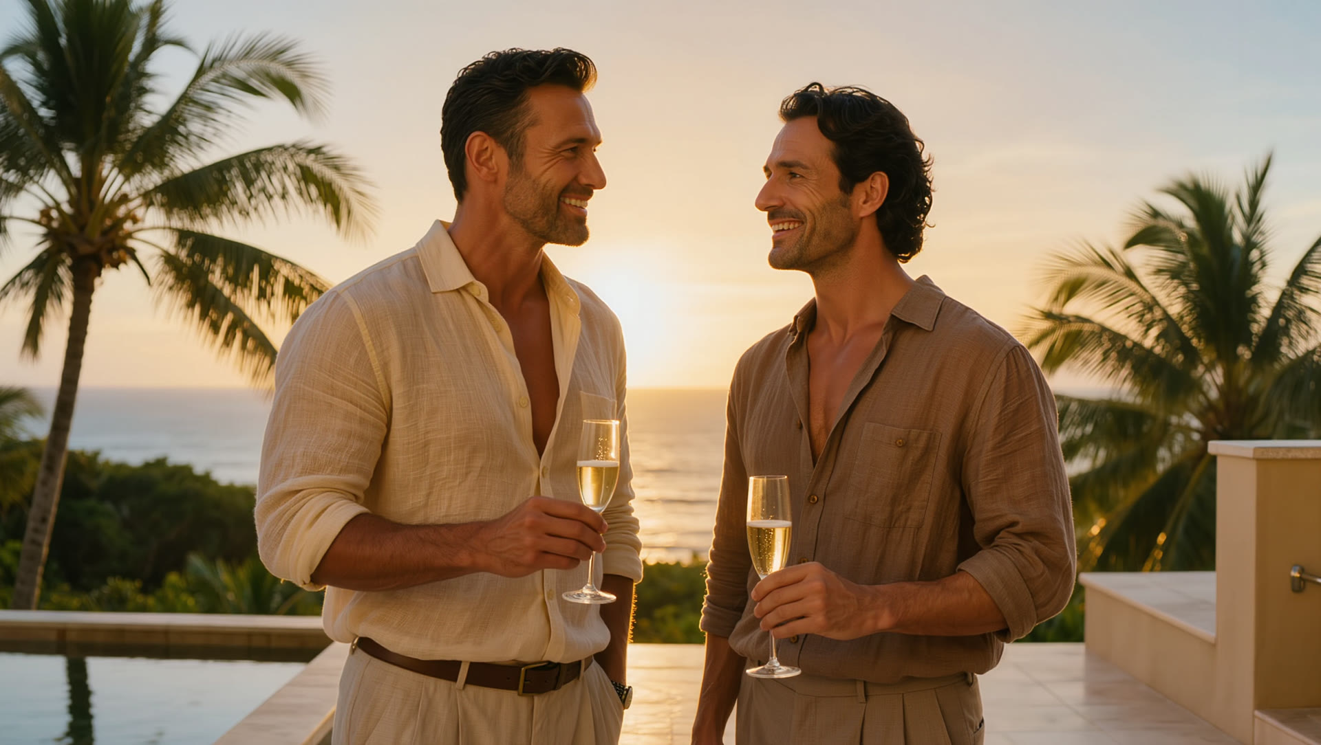 A couple toasting champagne at a Costa Rica oceanfront resort at golden sunset