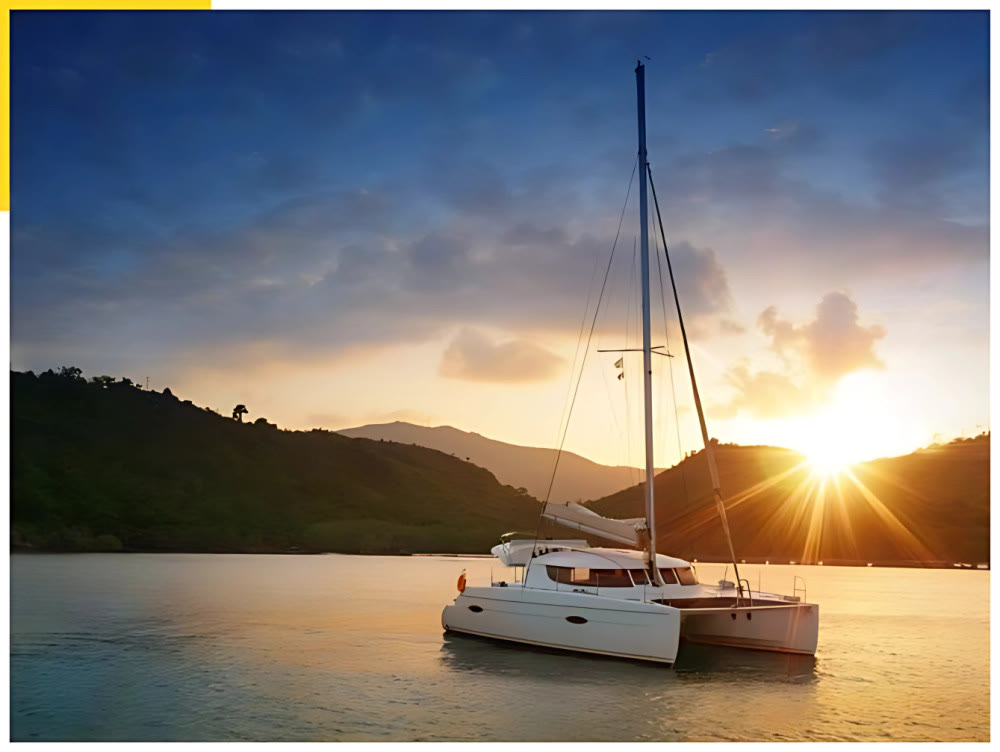 A private luxury catamaran charter at sunset off Costa Rica
