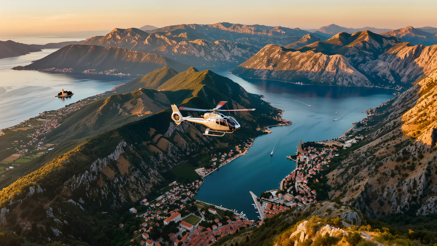 A helicopter over the Bay of Kotor