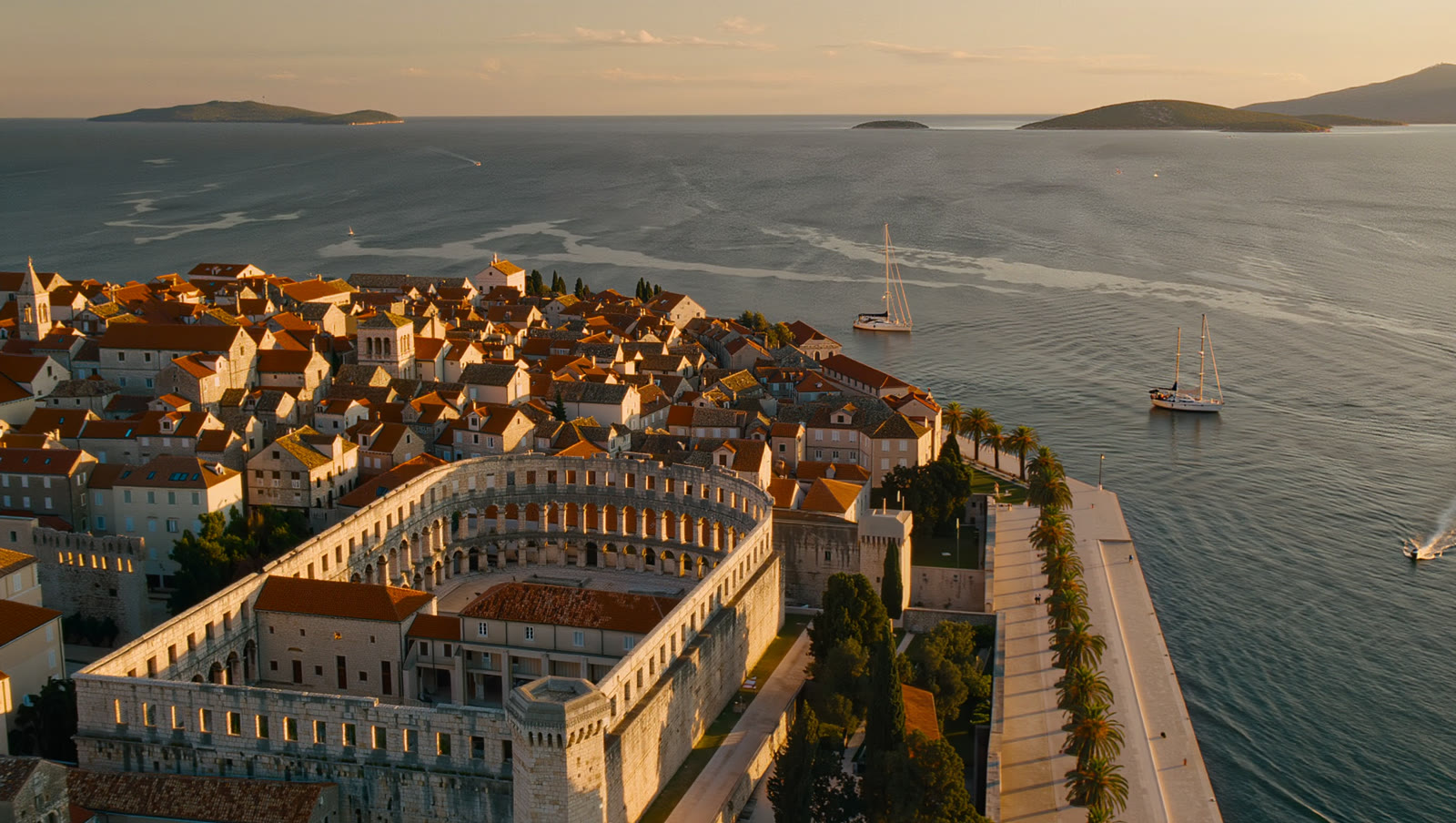 The old town and Riva waterfront of Split, Croatia at golden hour