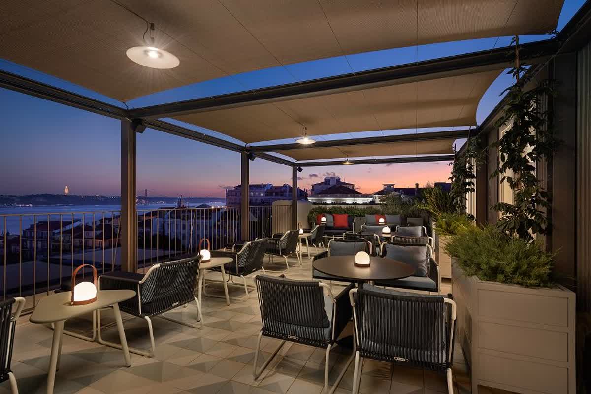 The rooftop terrace at the Bairro Alto Hotel at night, Lisbon