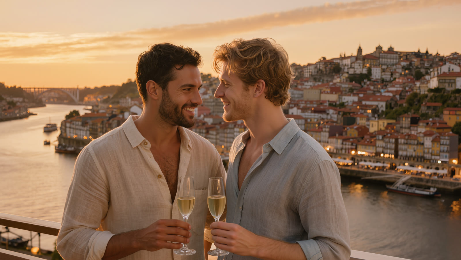 A couple toasting champagne at a Portugal resort at golden sunset