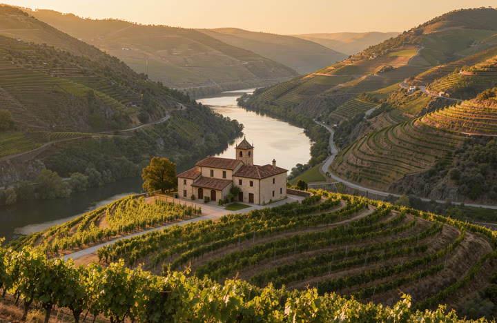 Terraced vineyards of the Douro Valley along the river