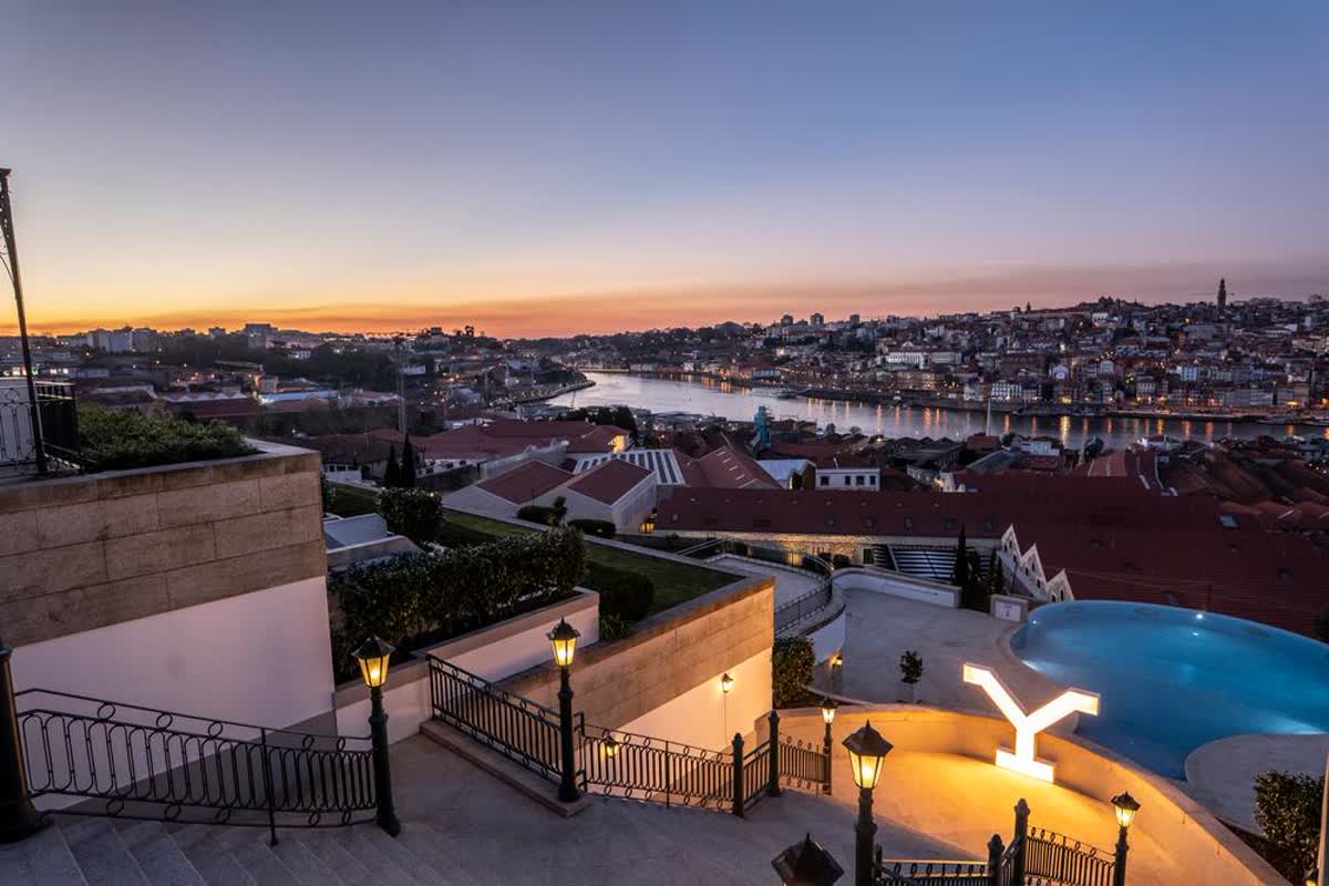 The Yeatman terraces and pool at dusk over the river
