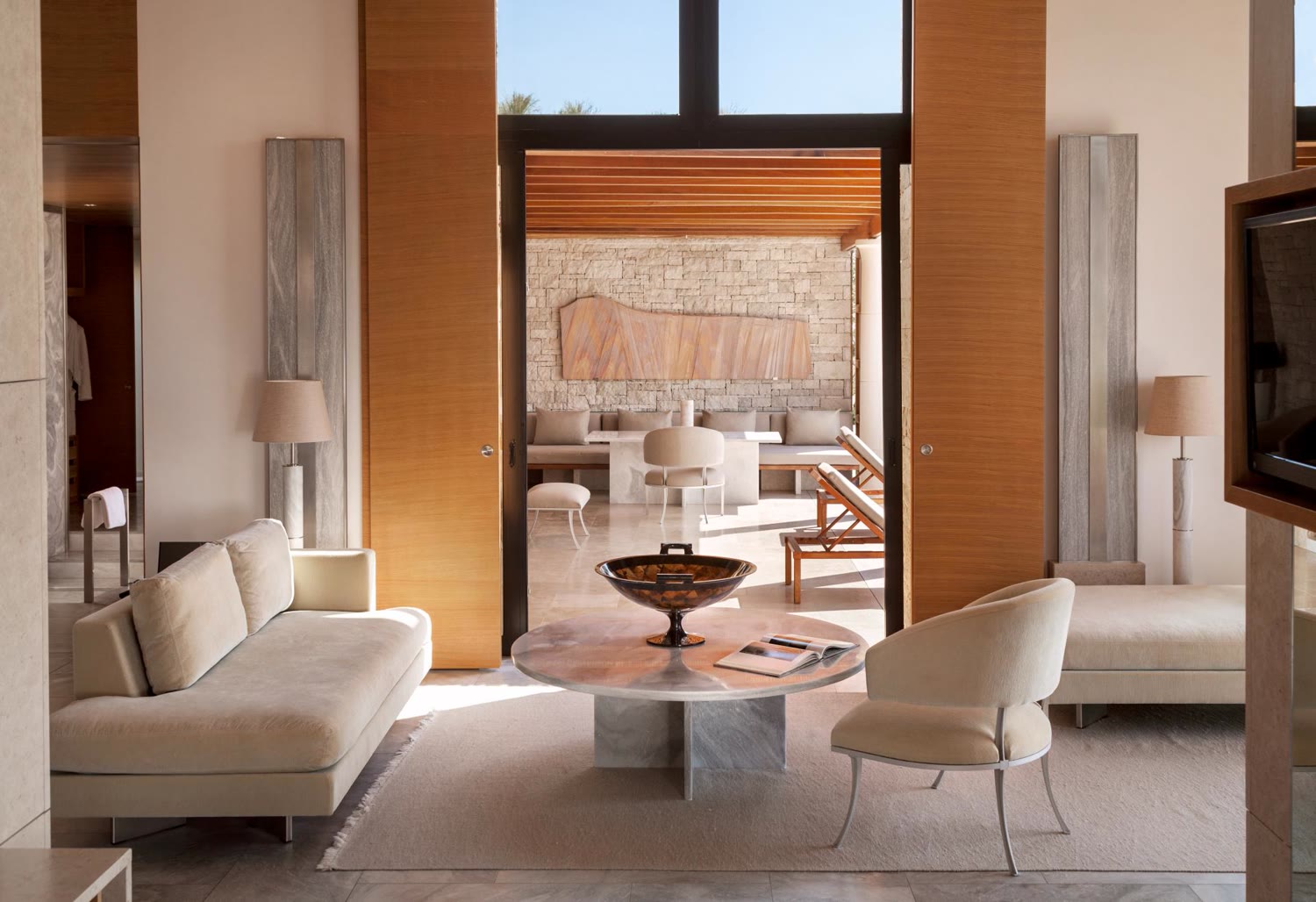 An open-plan pavilion living room at Amanzoe