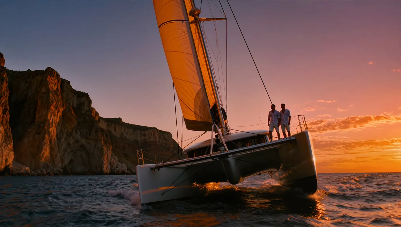 A sunset catamaran cruise off Santorini