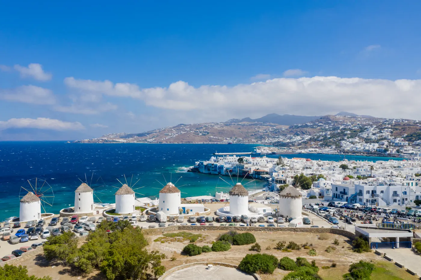 Mykonos town and harbor at golden hour
