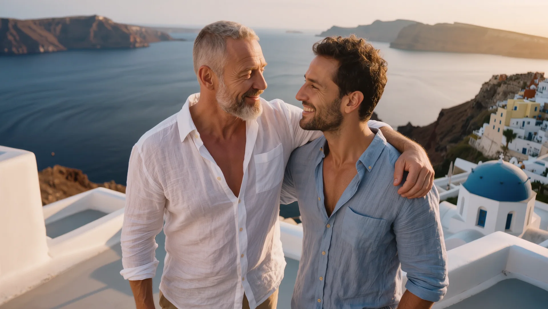 A couple above the Santorini caldera at sunset