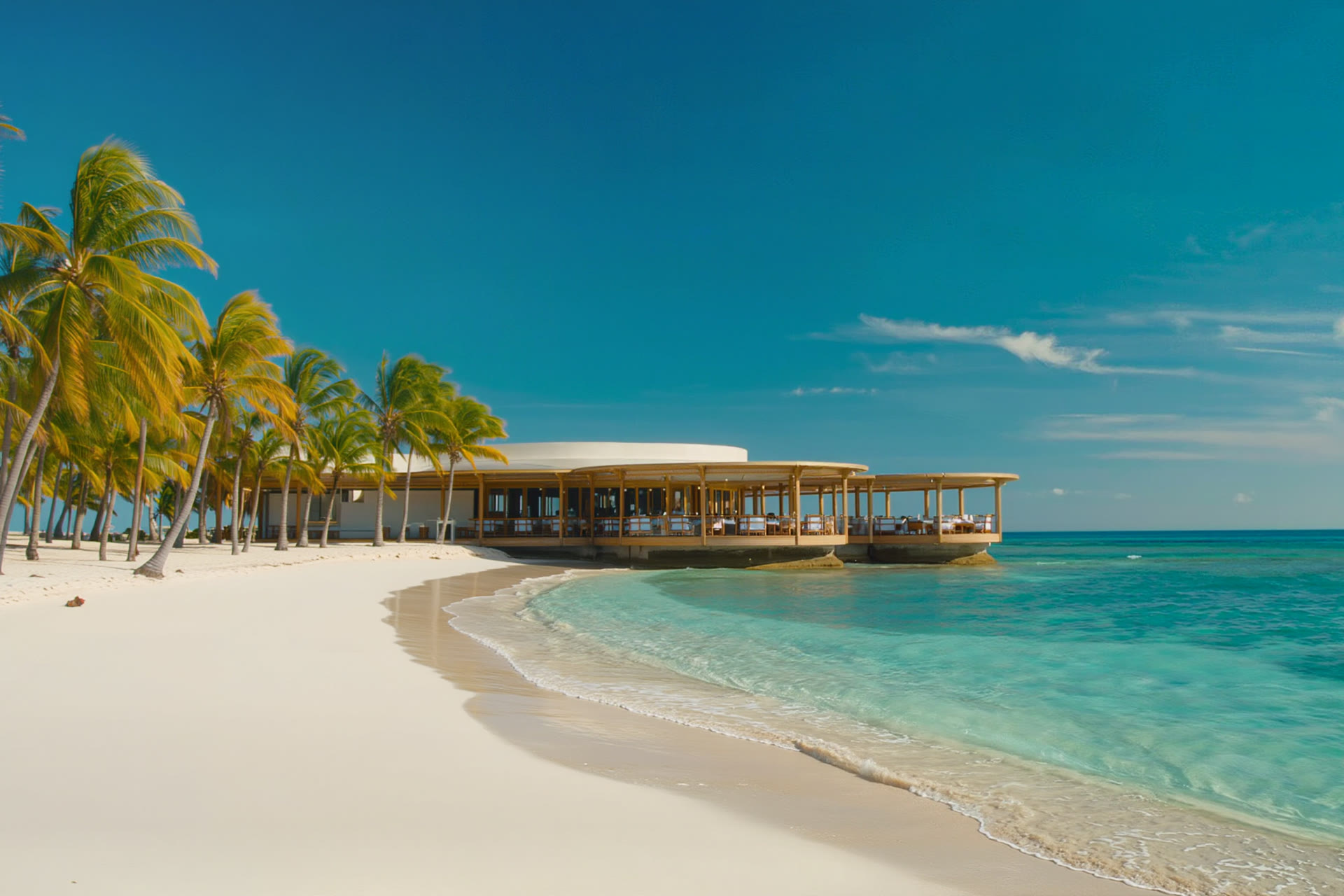 A serene white-sand beach and beach restaurant on Anguilla