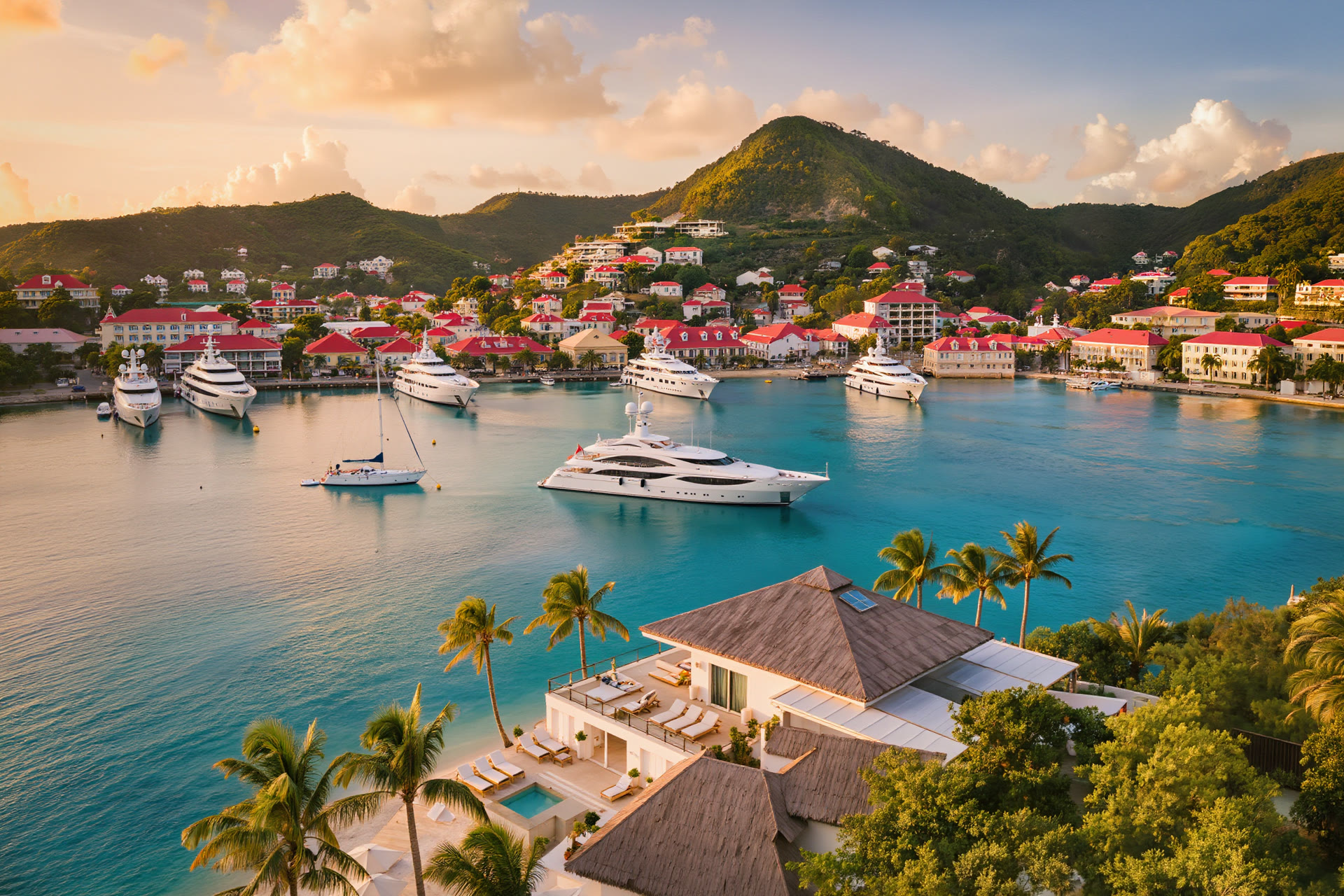 Gustavia harbour and yachts at golden hour, St. Barthelemy