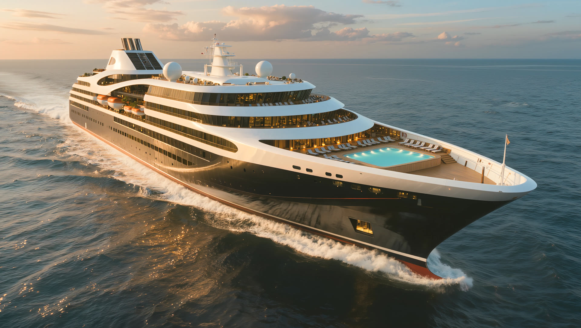 Luxury cruise ship at sea at golden hour