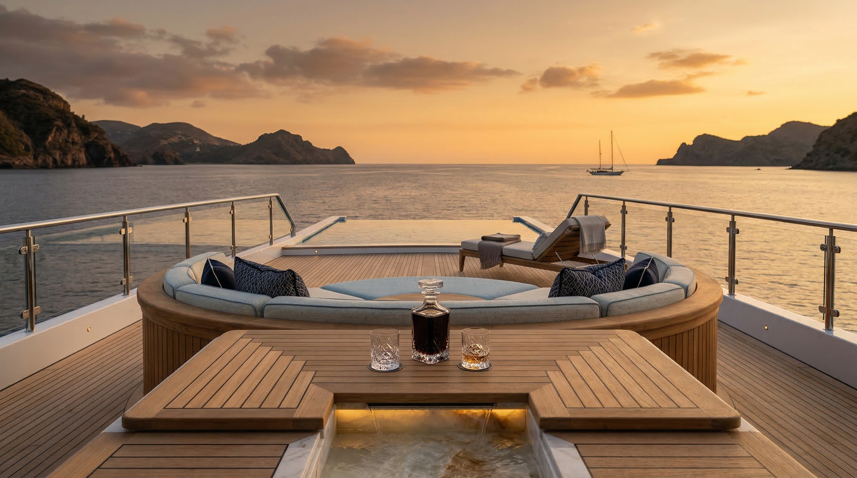 Luxury yacht deck at golden hour sunset