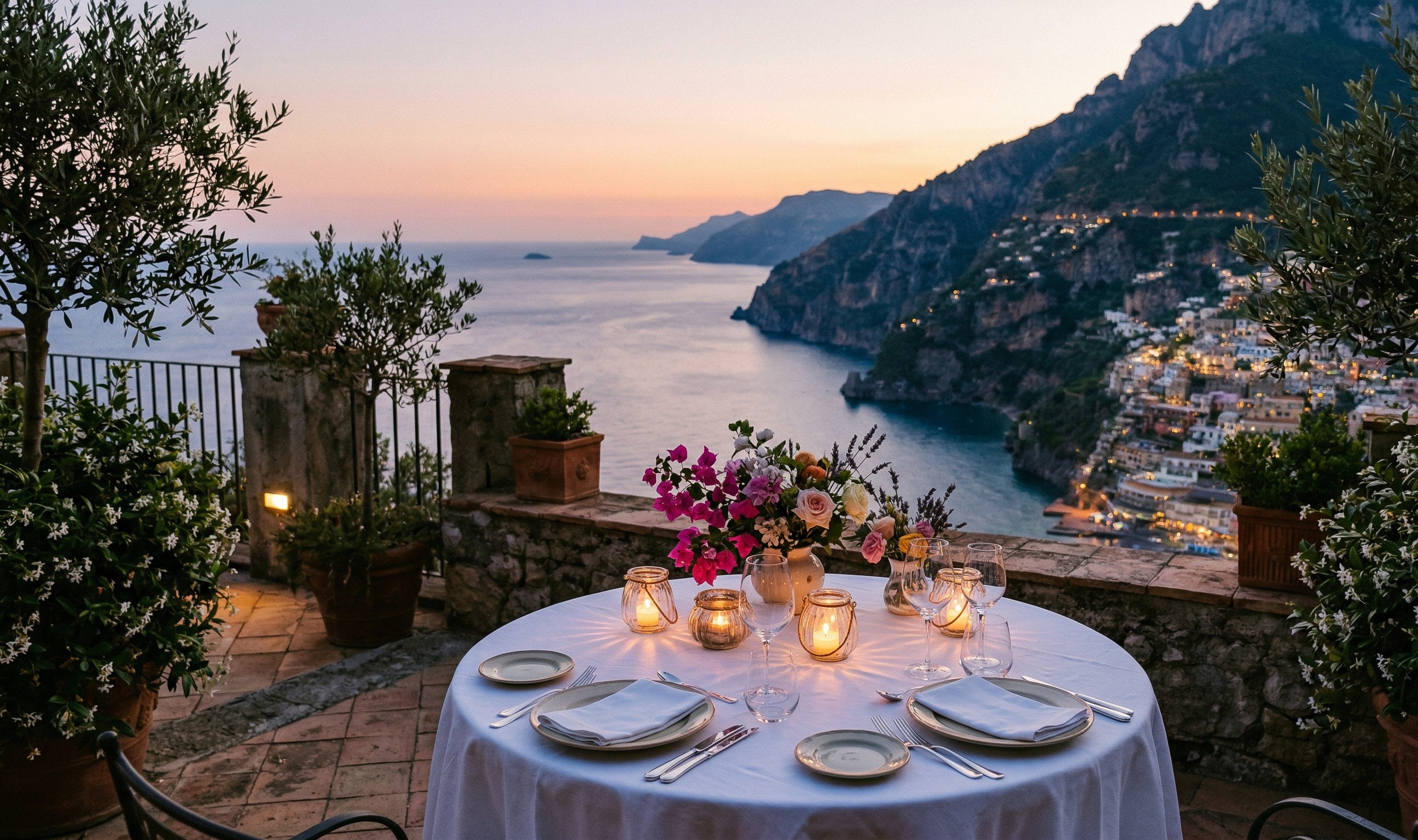 Amalfi Coast terrace dinner at dusk