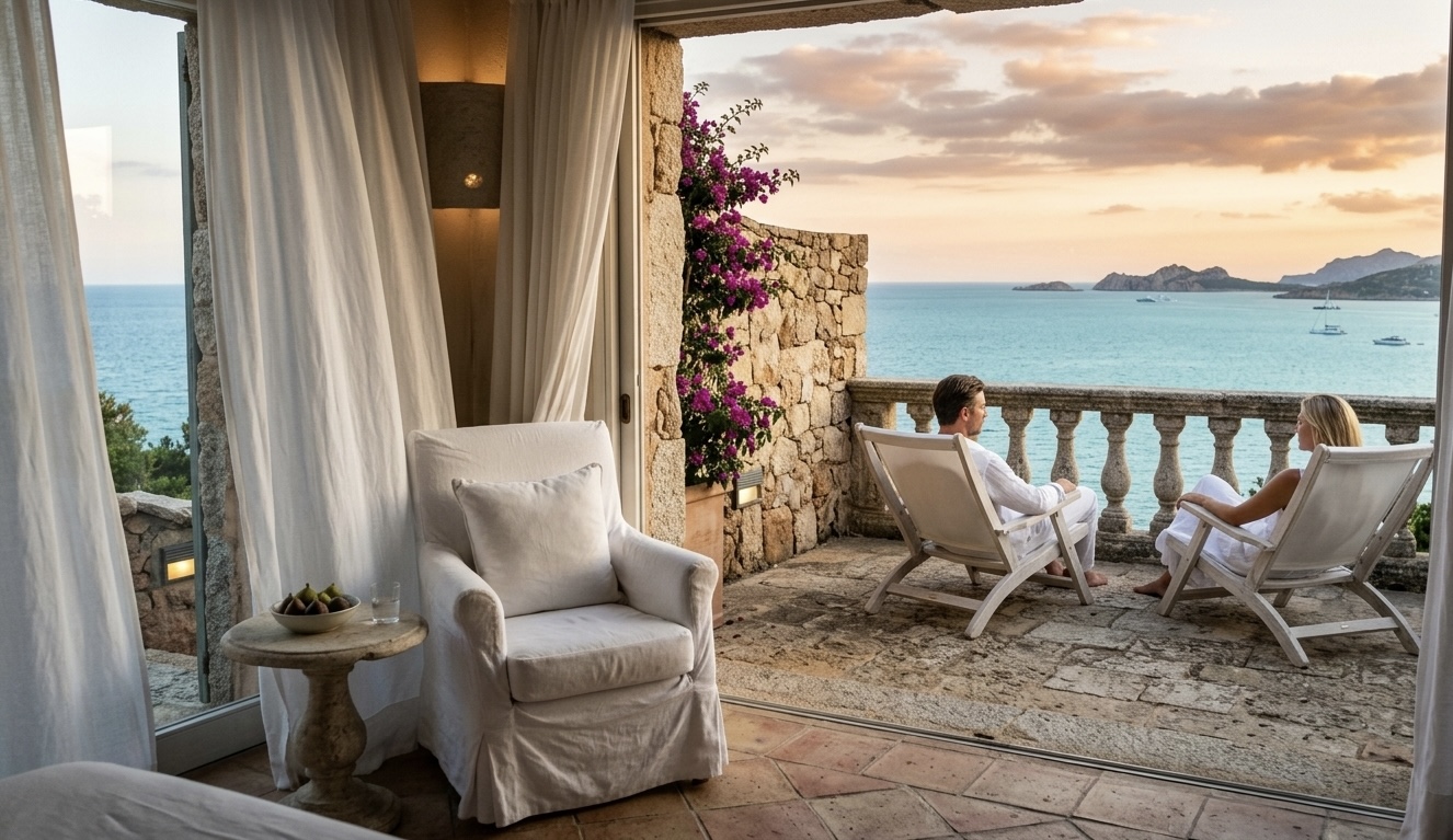 A private terrace overlooking the sea at sunset