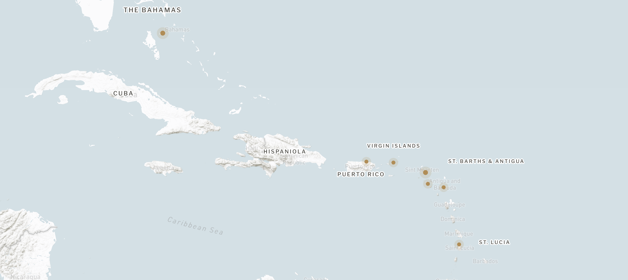 Map of the Caribbean from the Bahamas to St. Lucia