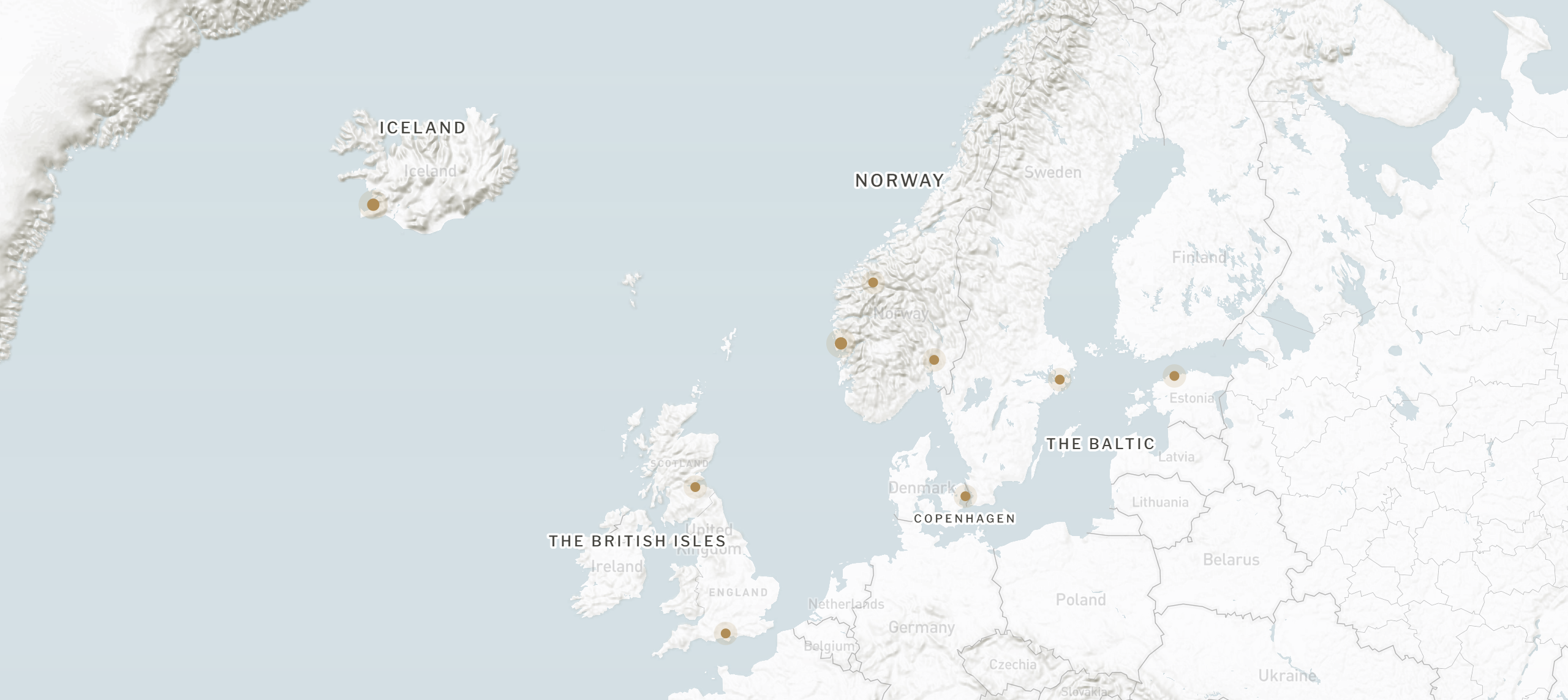 Map of Northern Europe from Iceland to the Baltic
