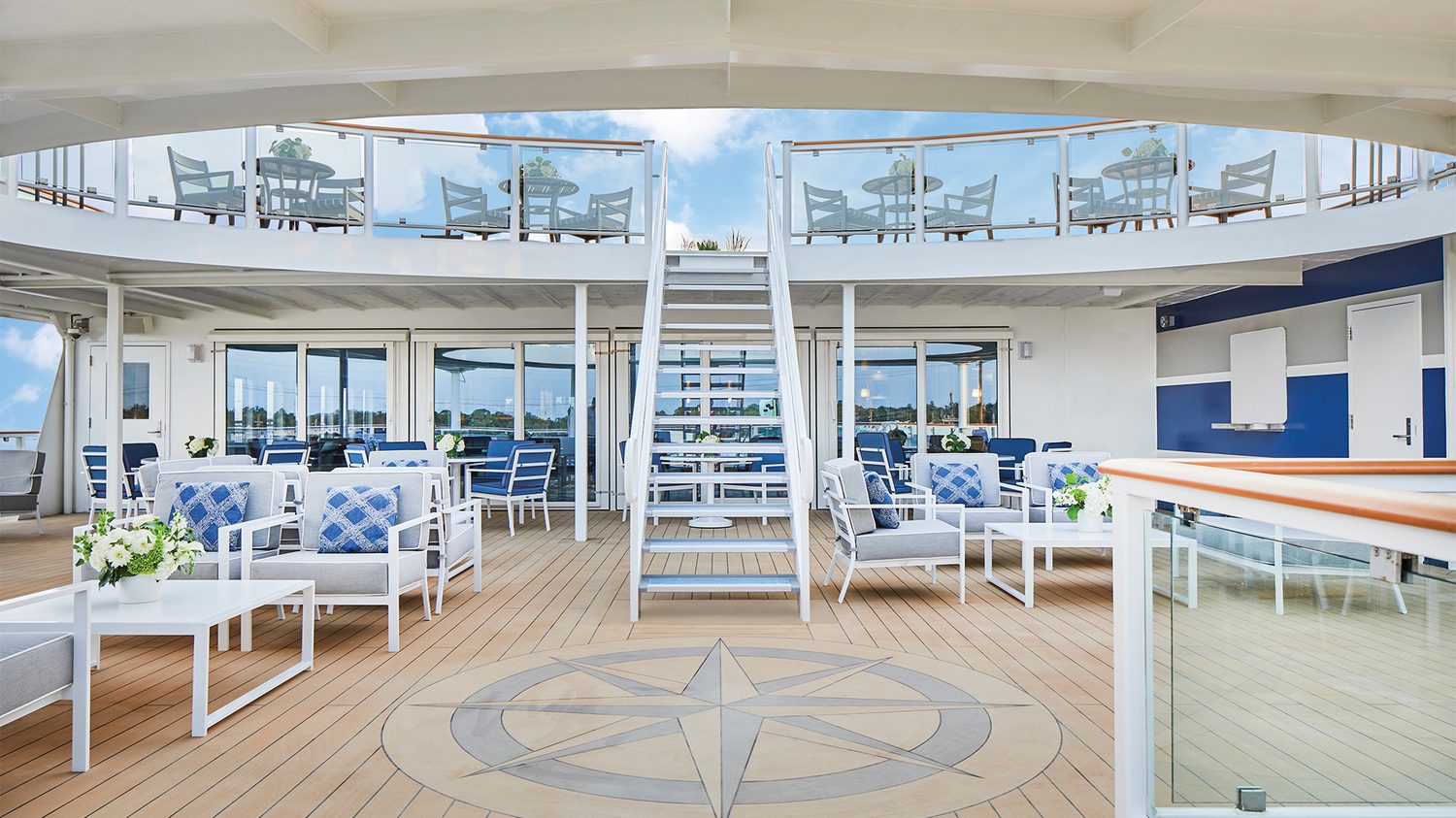 Ship sundeck with American coastal views