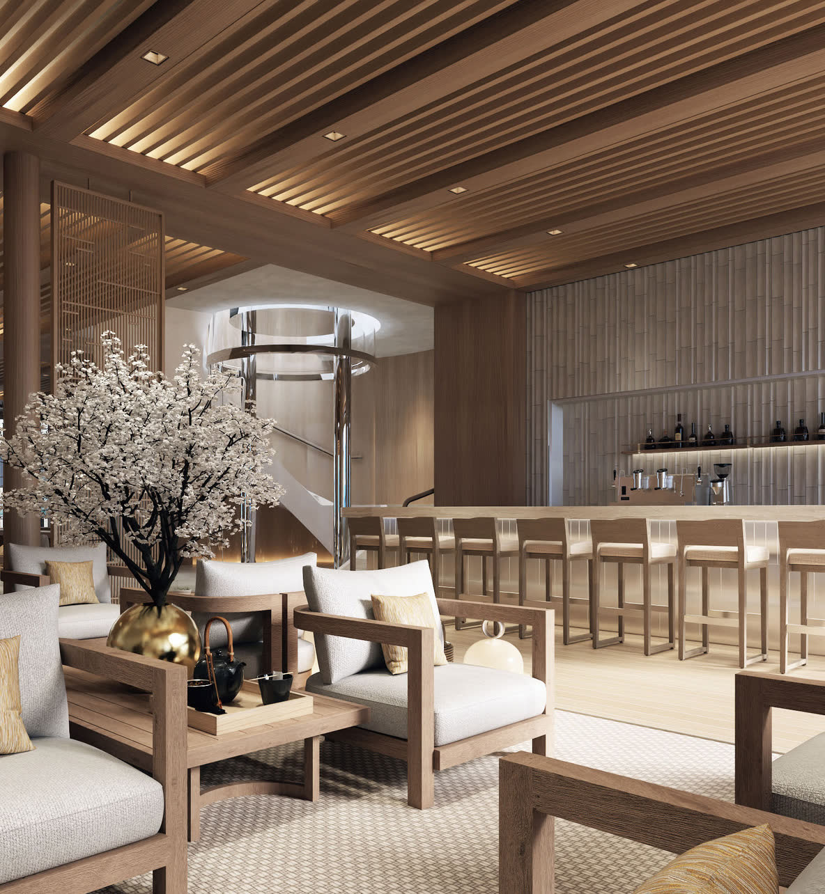 A serene onboard lounge and bar aboard Amangati