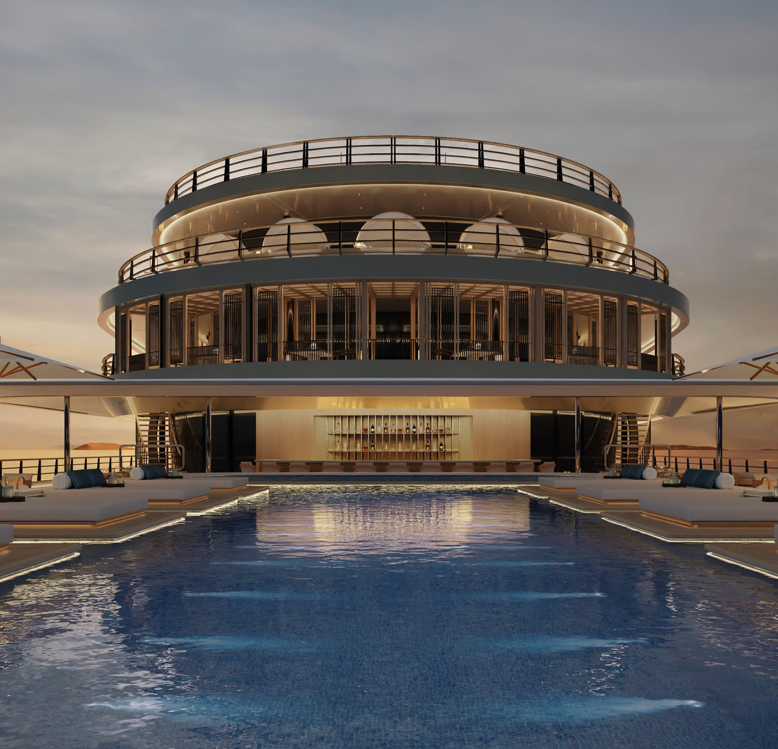 The pool deck and pavilion aboard Amangati