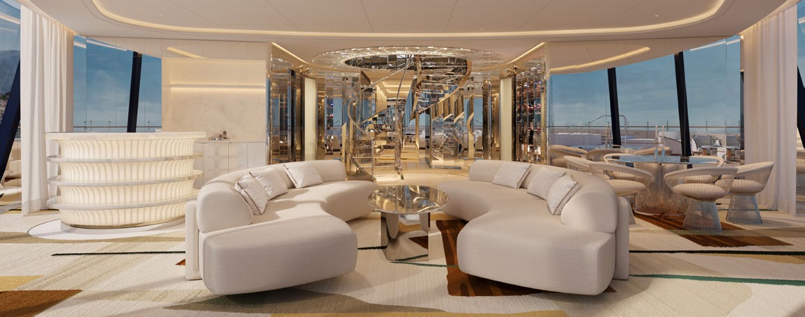 A grand suite aboard Four Seasons I with wraparound curved glass and panoramic sea views