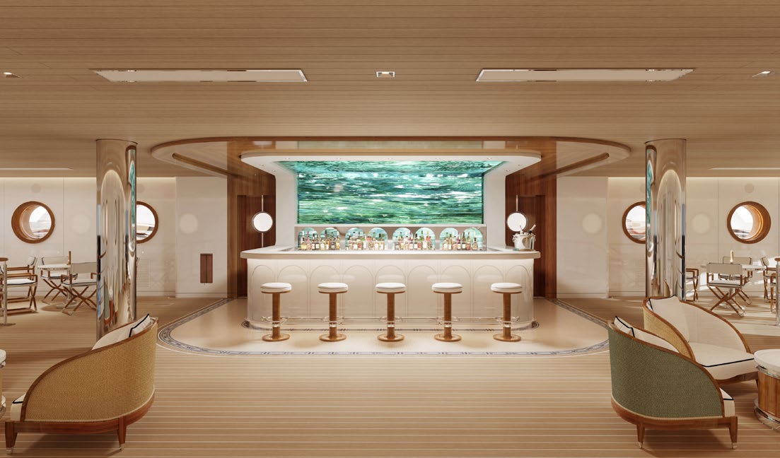 An onboard lounge and bar with a water-feature wall