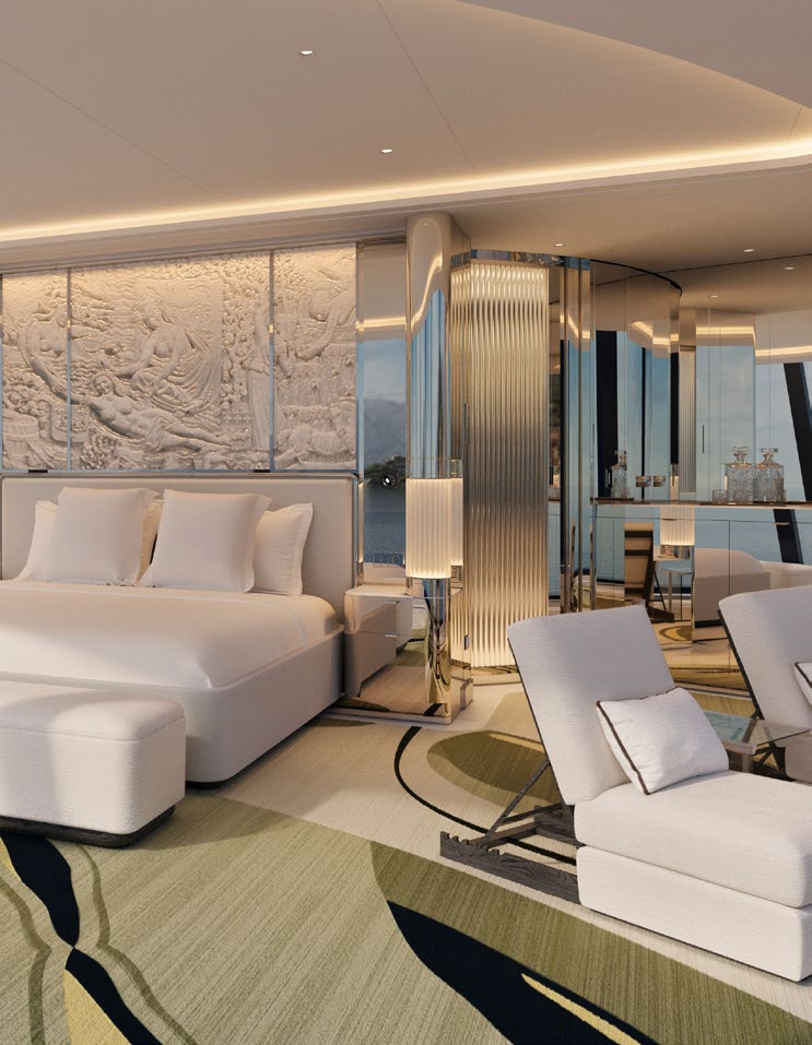 A suite master bedroom with a sculpted art wall and sea view