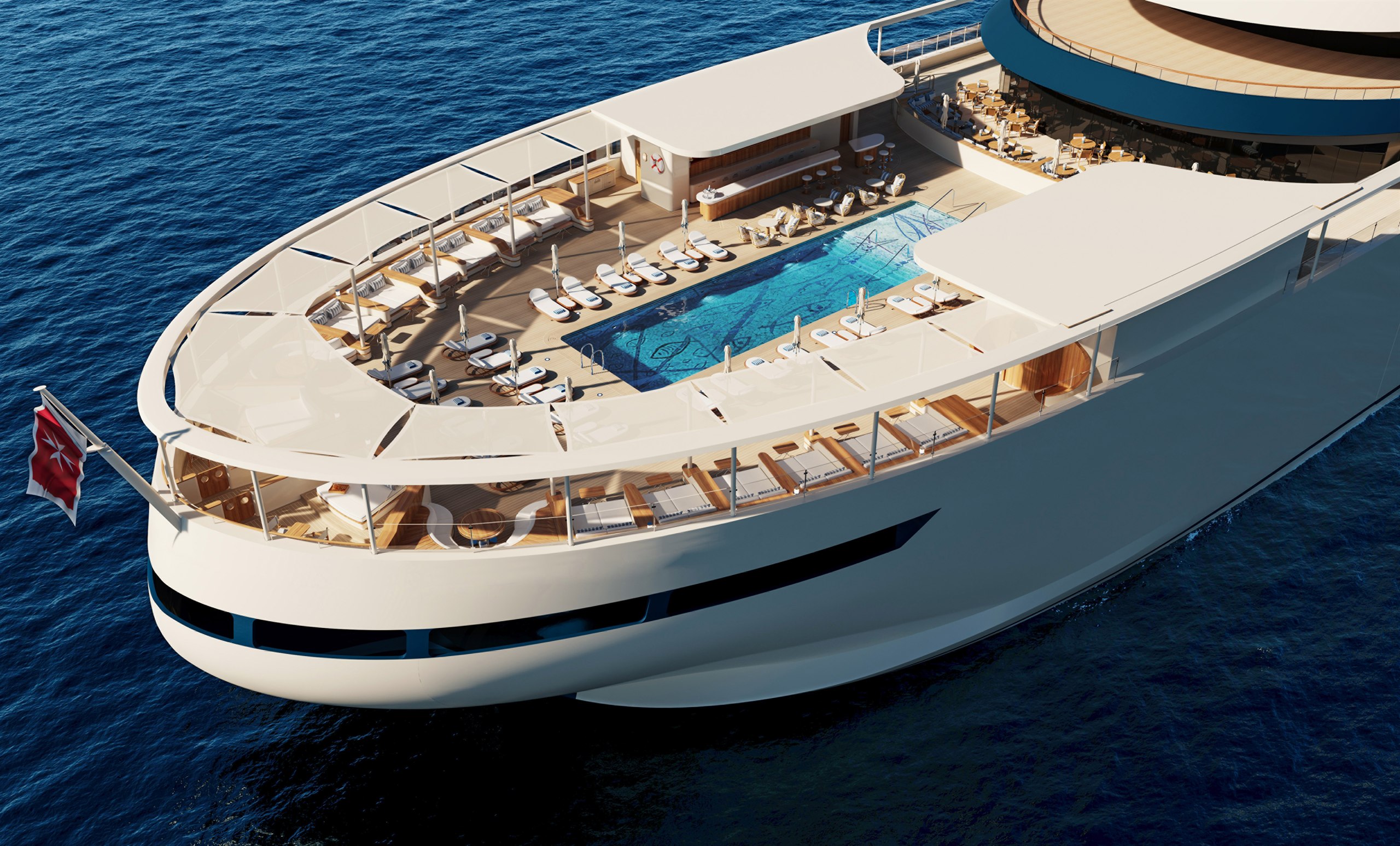 The pool deck aboard Four Seasons I, seen from above the stern