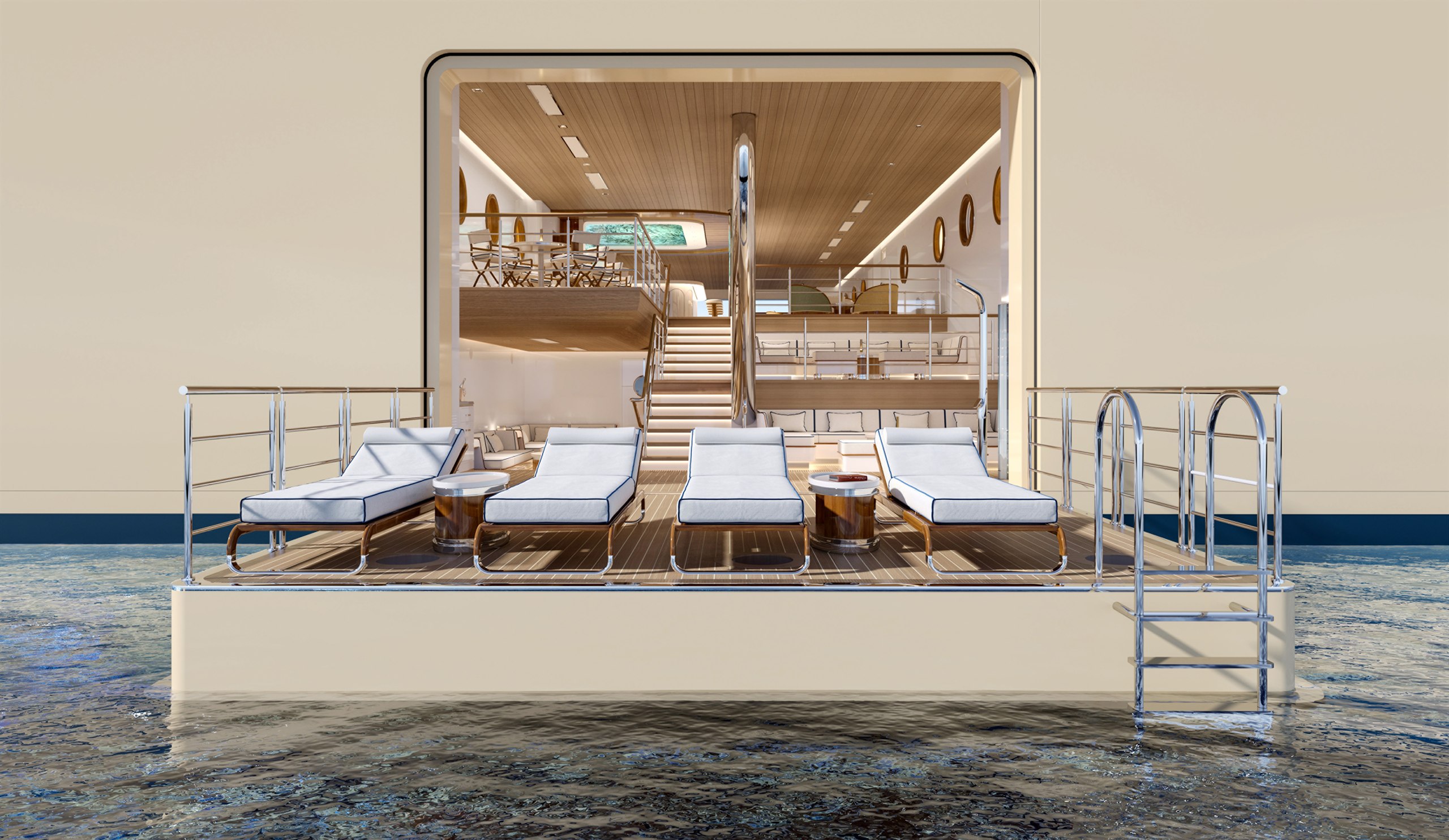 The transverse marina aboard Four Seasons I, open to the sea at water level