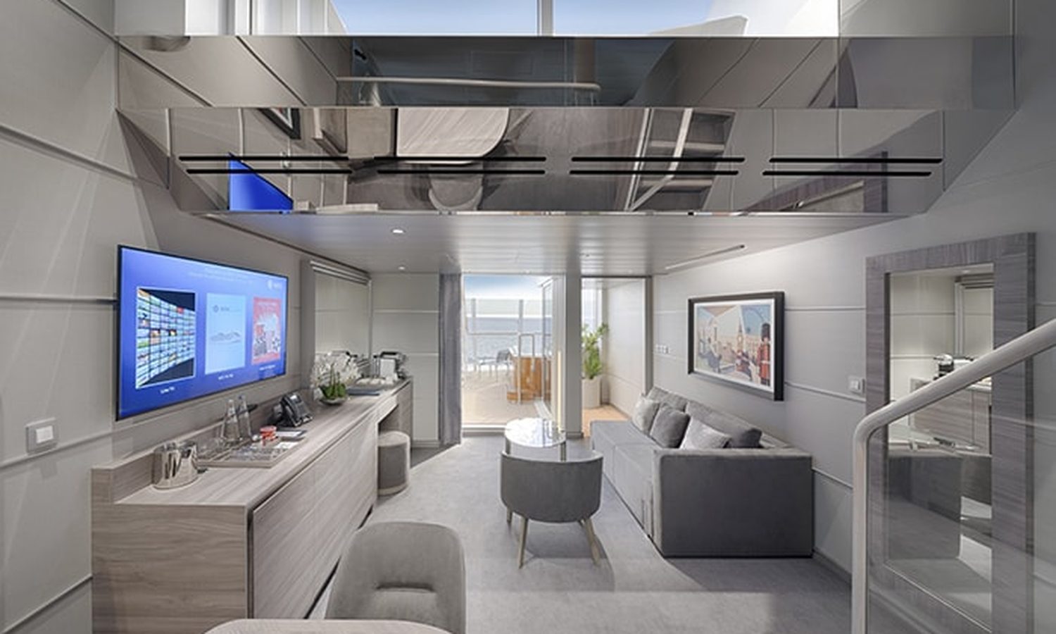 MSC Yacht Club Duplex Grand Suite with mezzanine and modern living area