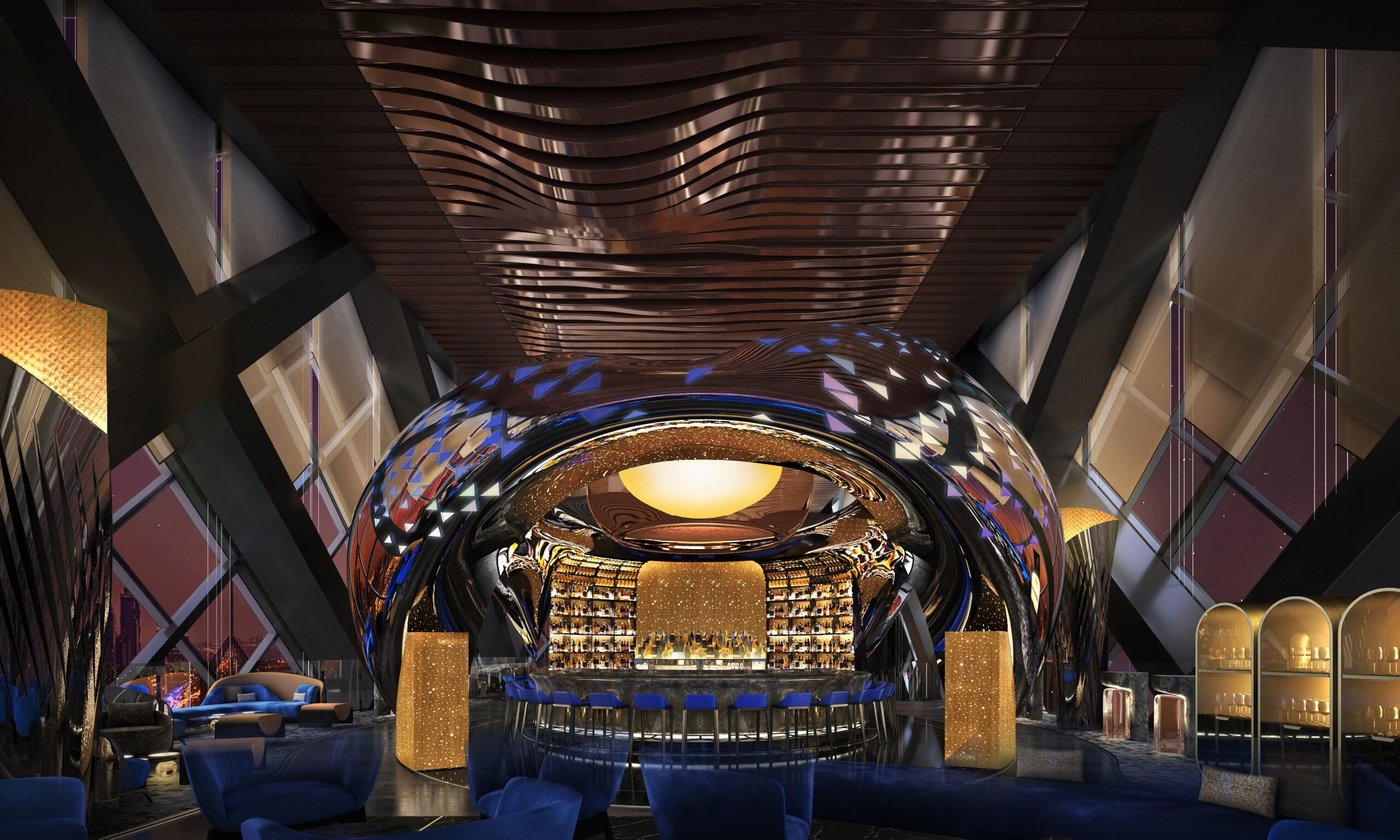 One&Only One Za'abeel lounge interior with mirrored architectural dome and royal blue velvet seating