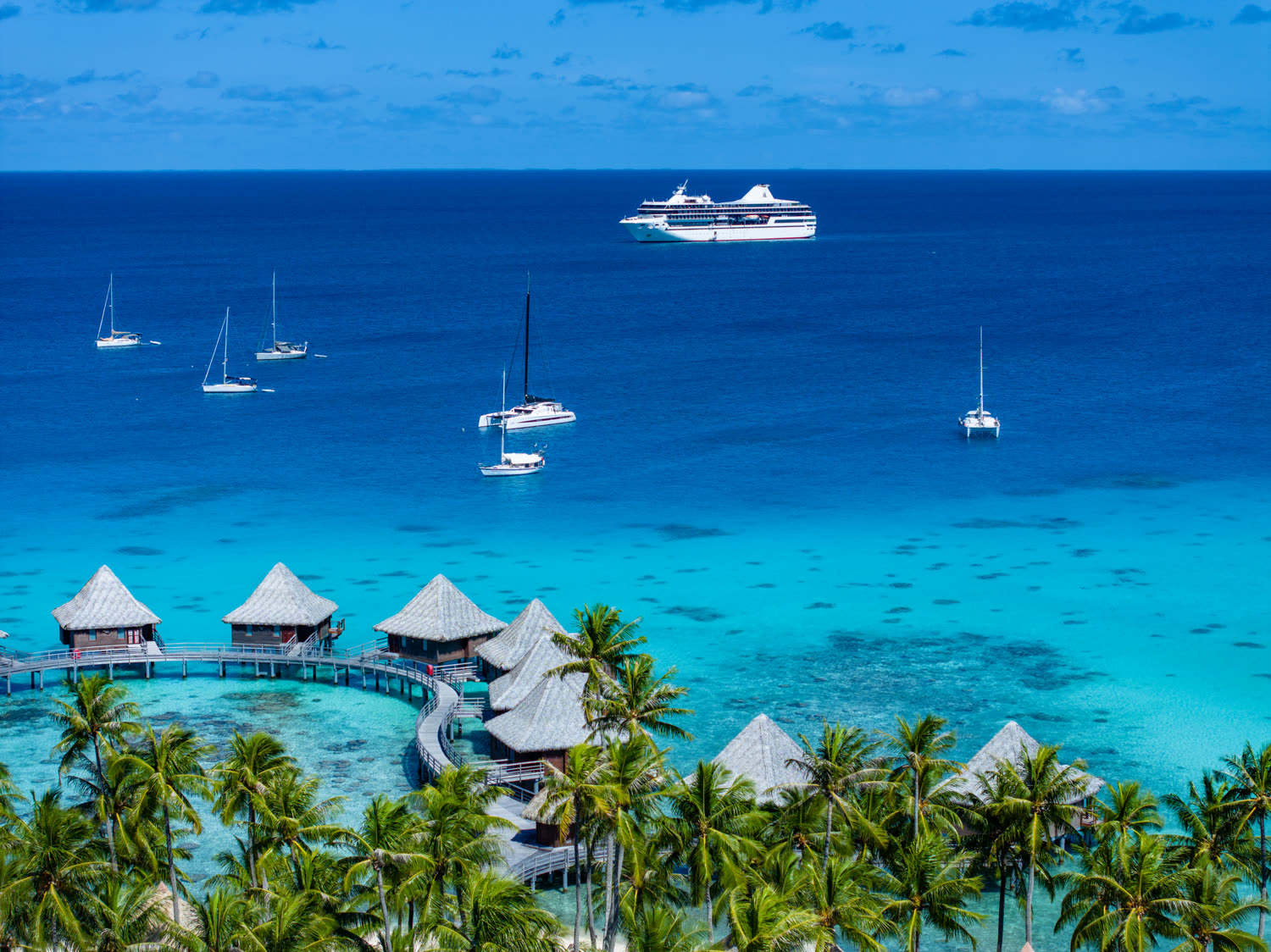 The atoll lagoon of Rangiroa with the ship at anchor