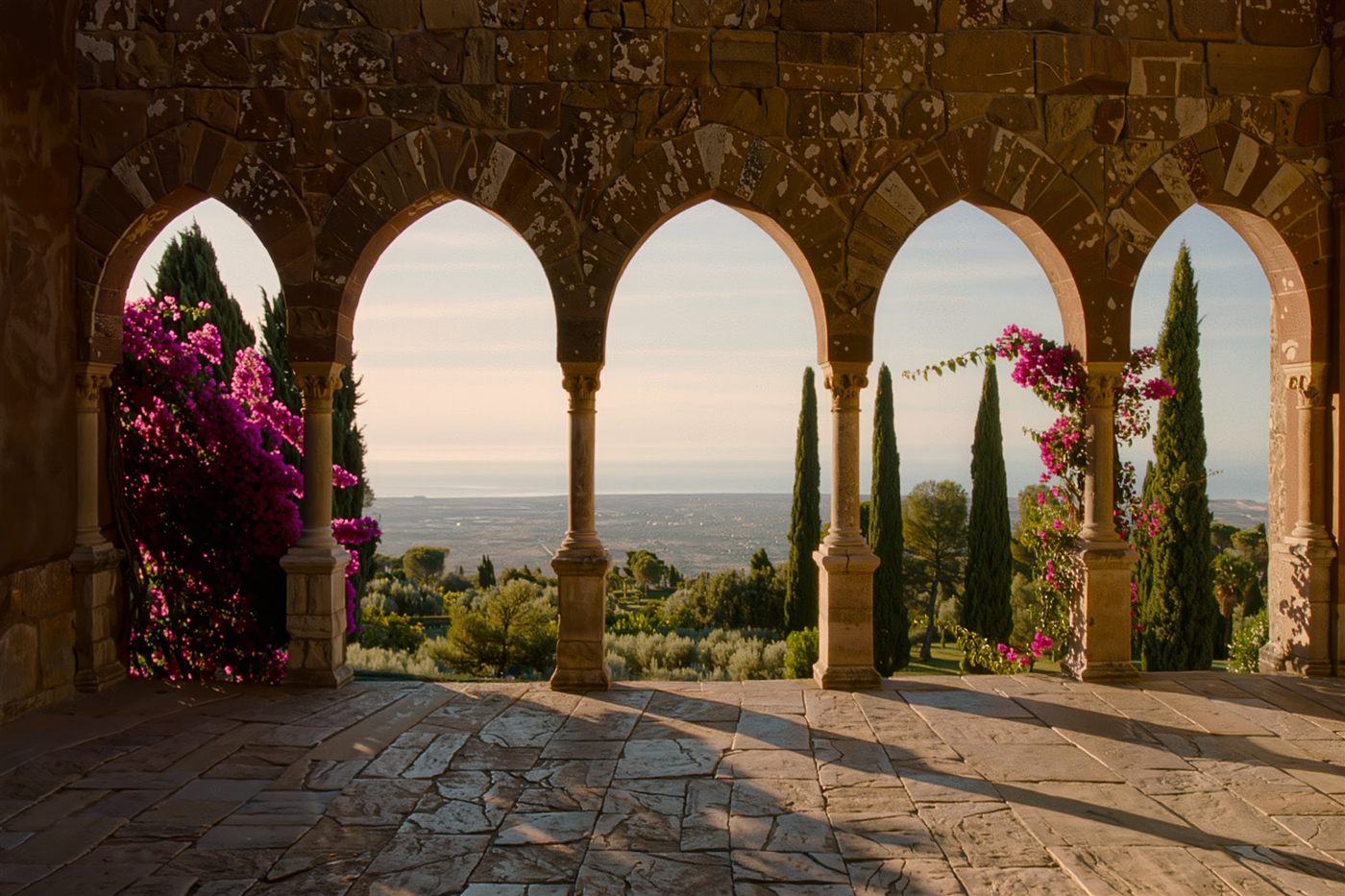 A stone loggia above the sea