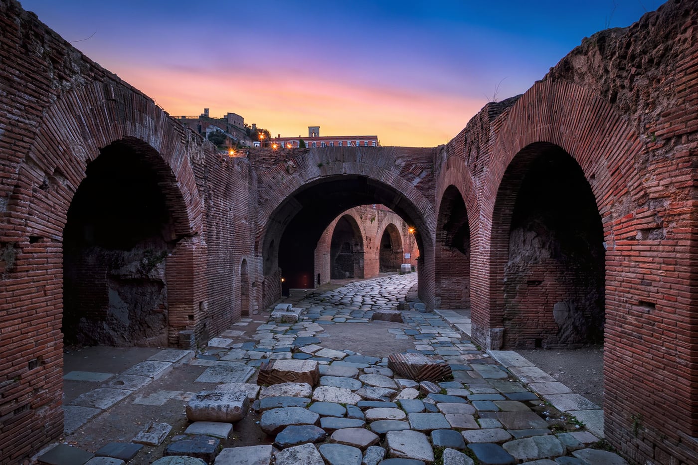 An excavated Roman street beneath a church