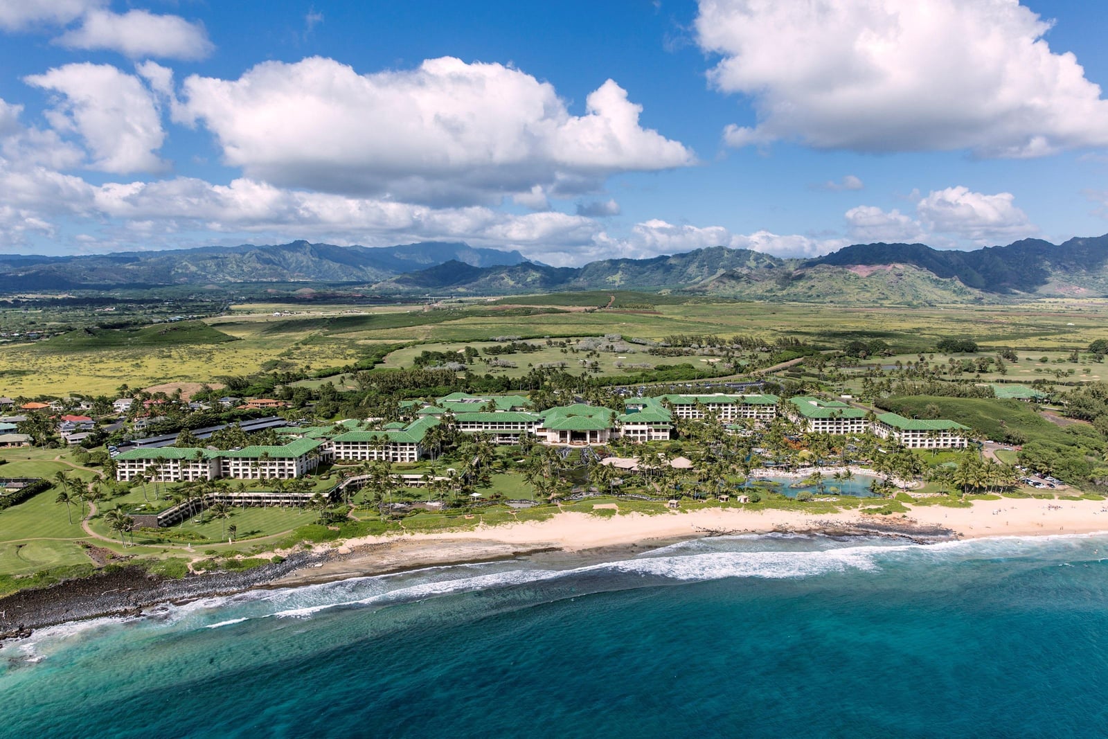 Aerial of the Grand Hyatt Kauai on the Poipu coast