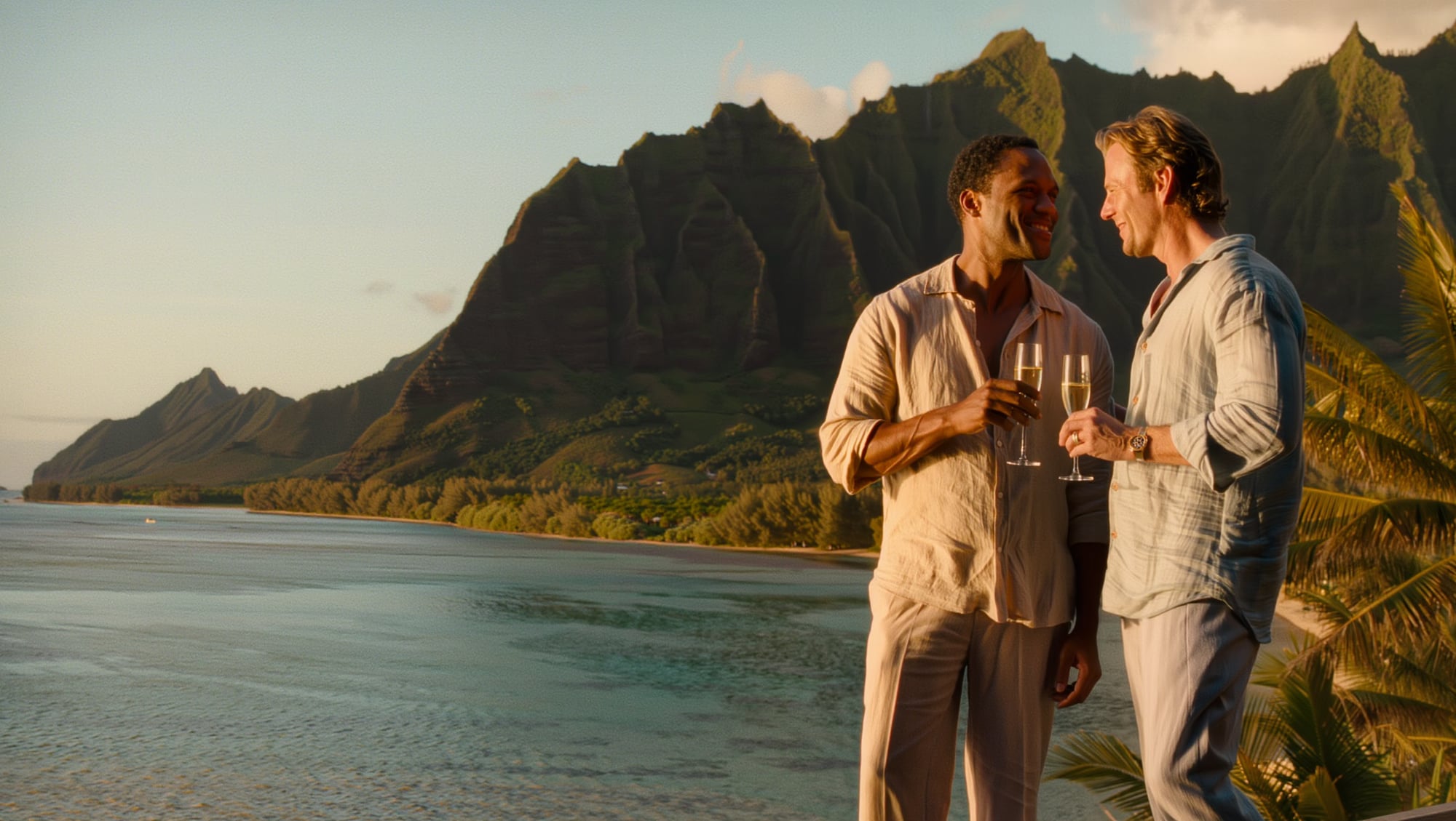 A couple on a resort terrace at sunset on the north shore of Kauai