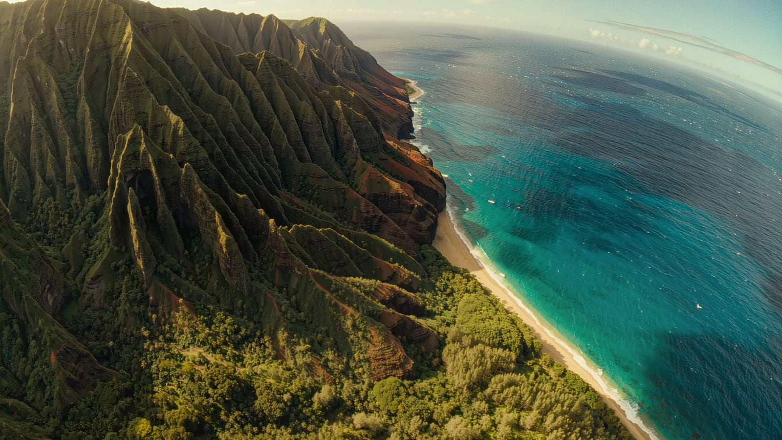 The fluted emerald sea cliffs of the Na Pali Coast on Kauai