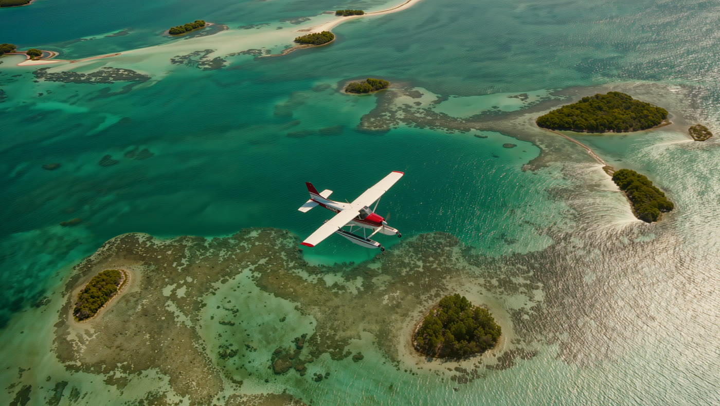 A seaplane over the turquoise water of the Florida Keys