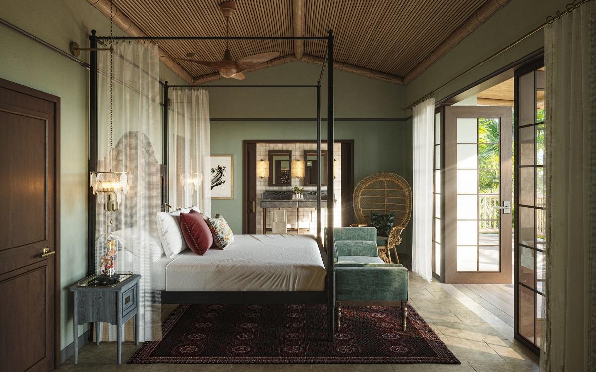 A thatched island suite interior at Little Palm Island Resort & Spa