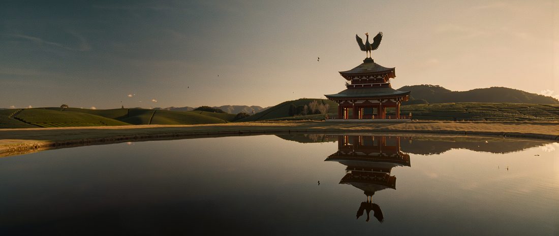 The Phoenix Hall of Byodo-in temple mirrored in its pond, Uji