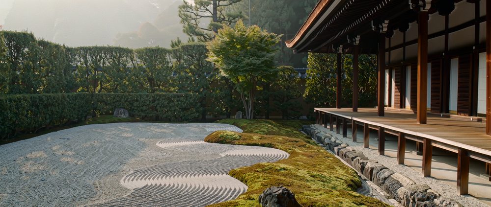 A serene Zen temple garden of raked gravel and moss, Kyoto